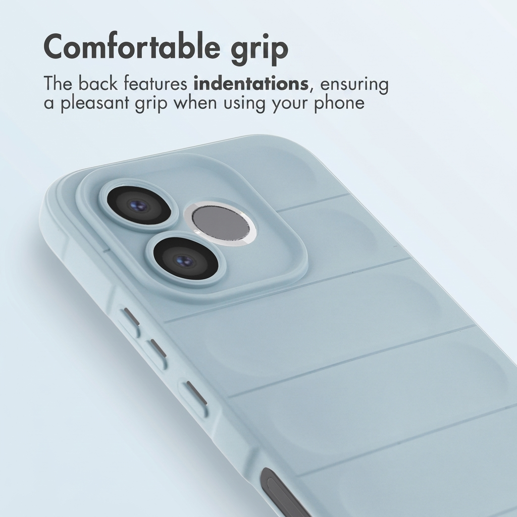 Blauwe telefoonhoes met getextureerde inkepingen aan de achterkant voor een comfortabele grip.