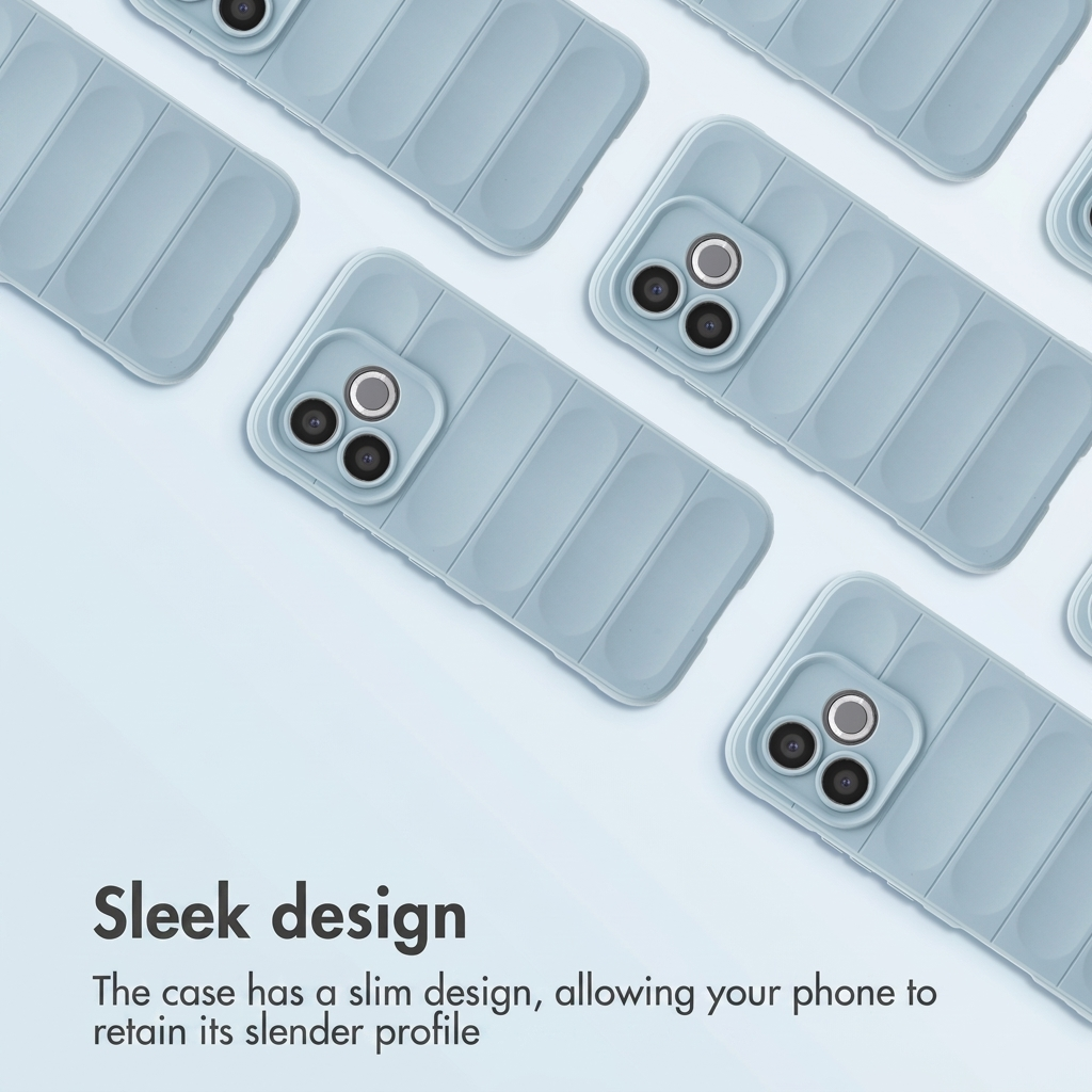 Meerdere lichtblauwe puffer telefoonhoesjes op een lichte achtergrond met Sleek design tekst.