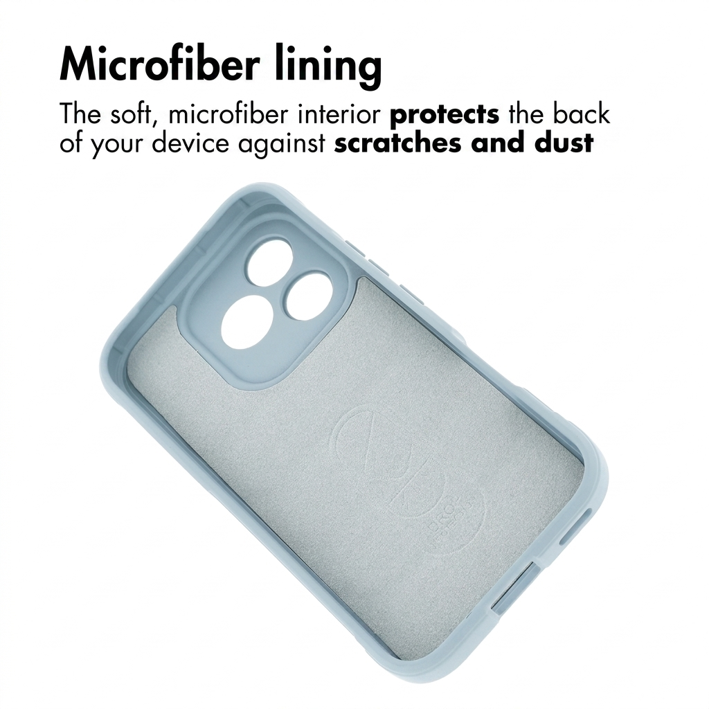 Lichtblauwe telefoonhoes met zachte microvezel voering aan de binnenkant en tekst over bescherming.