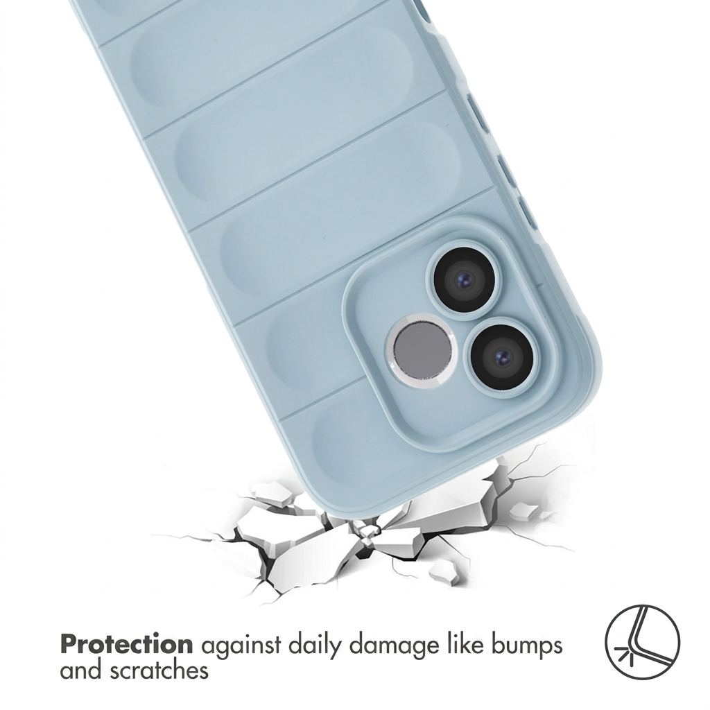 Blauwe beschermhoes voor smartphone met camera-uitsparing en tekst over bescherming.