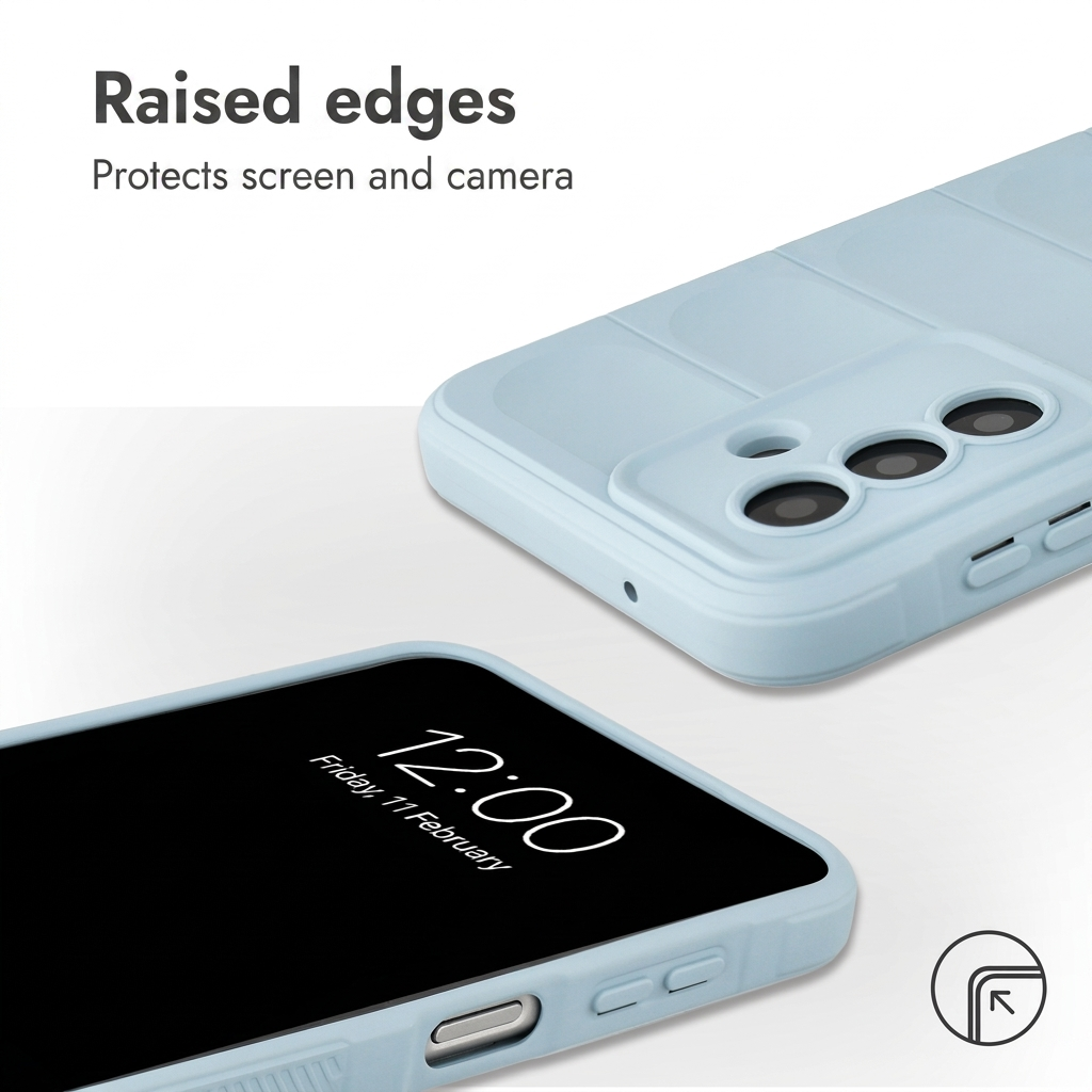 Los bordes elevados de una funda azul claro protegen la pantalla y la cámara.