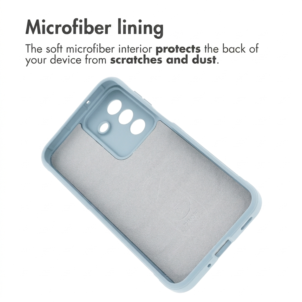 Funda de móvil azul claro con forro de microfibra gris suave sobre fondo blanco.