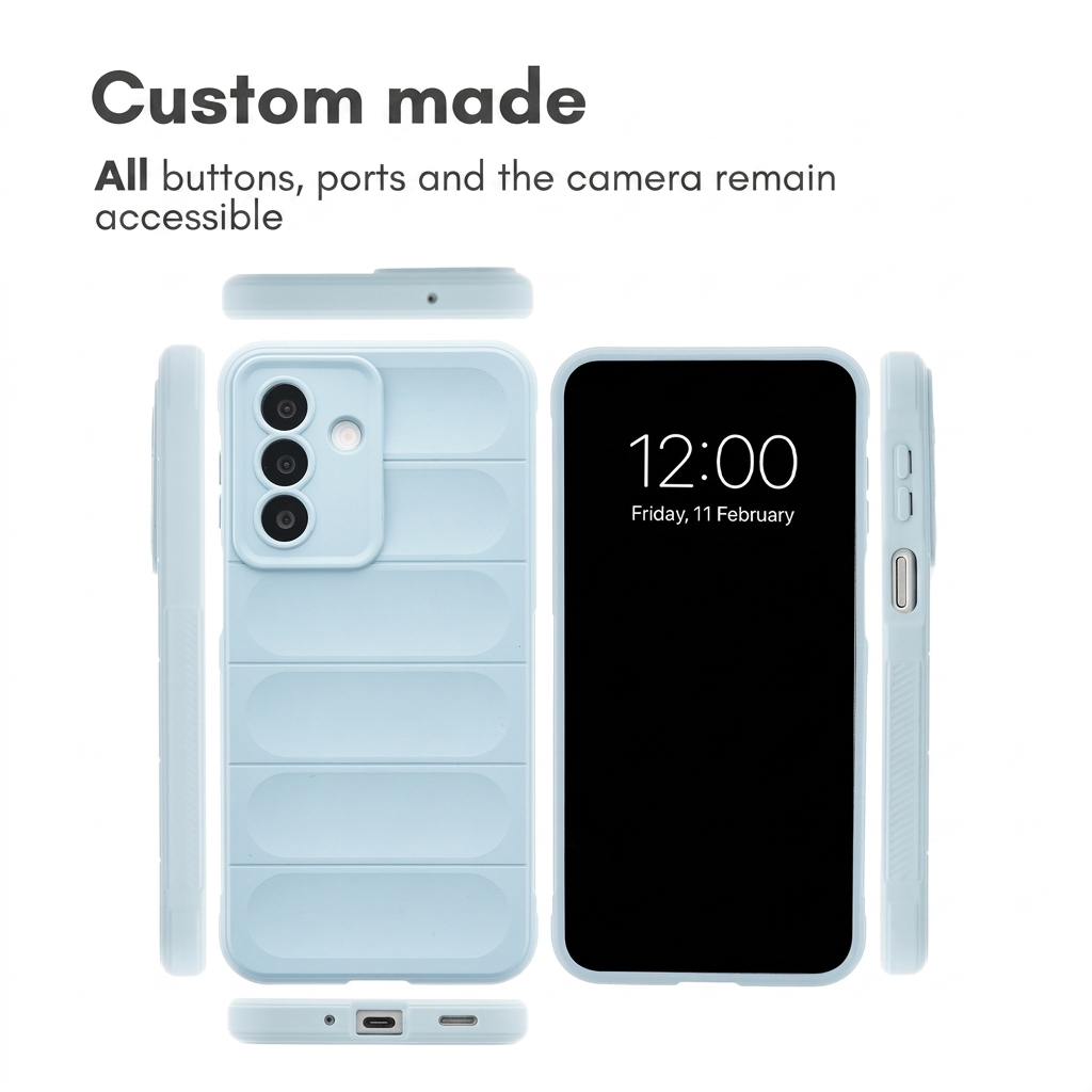 Funda protectora azul claro para smartphone en múltiples ángulos, con botones y puertos accesibles.