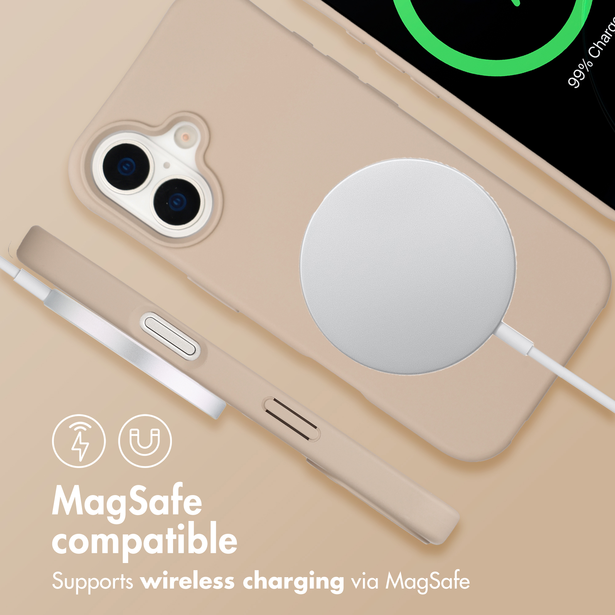 Beigefarbene MagSafe Handyhülle mit Dual-Kamera und kabellosem Ladegerät.
