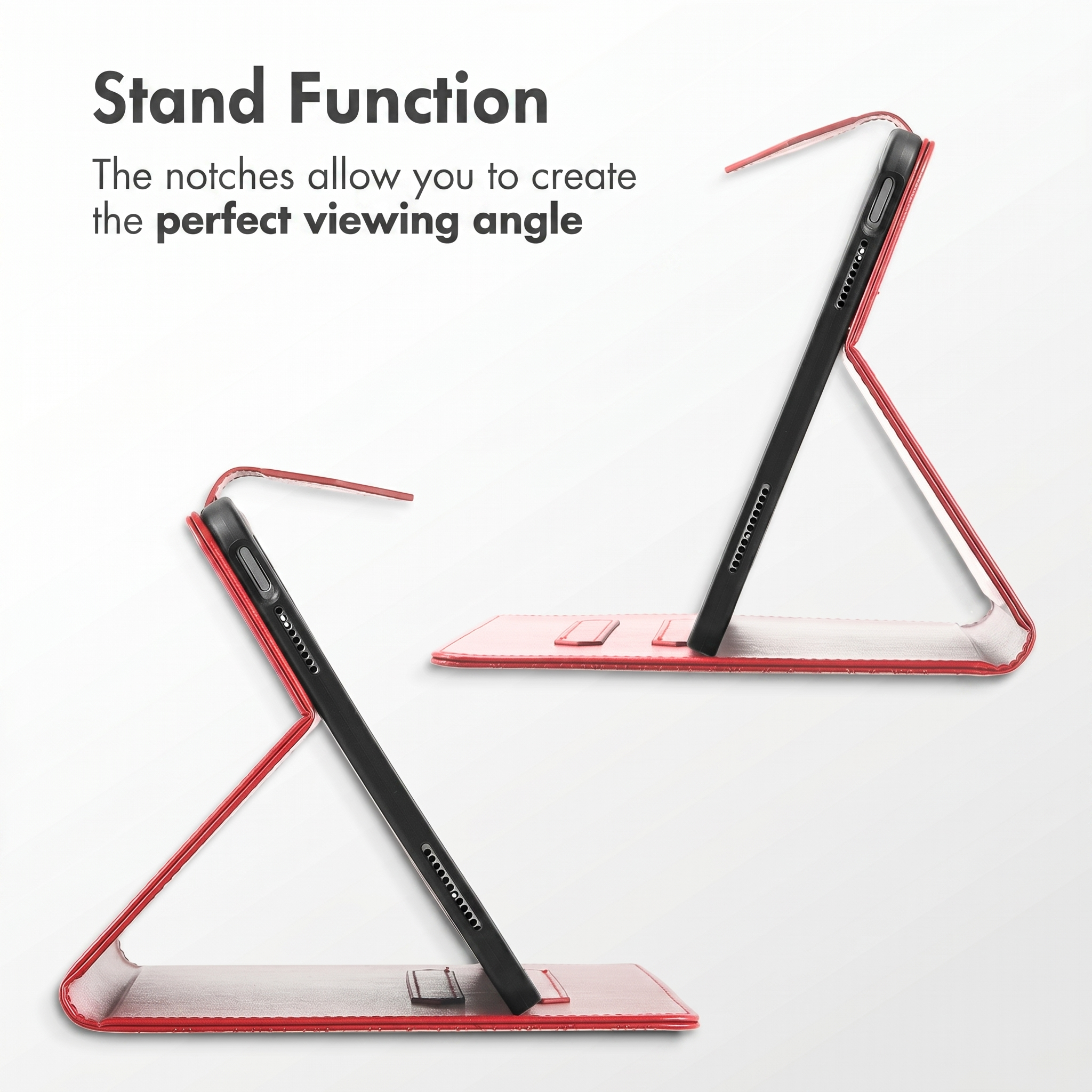 Two tablets in red folio cases functioning as stands with adjustable viewing angles, on a white background.