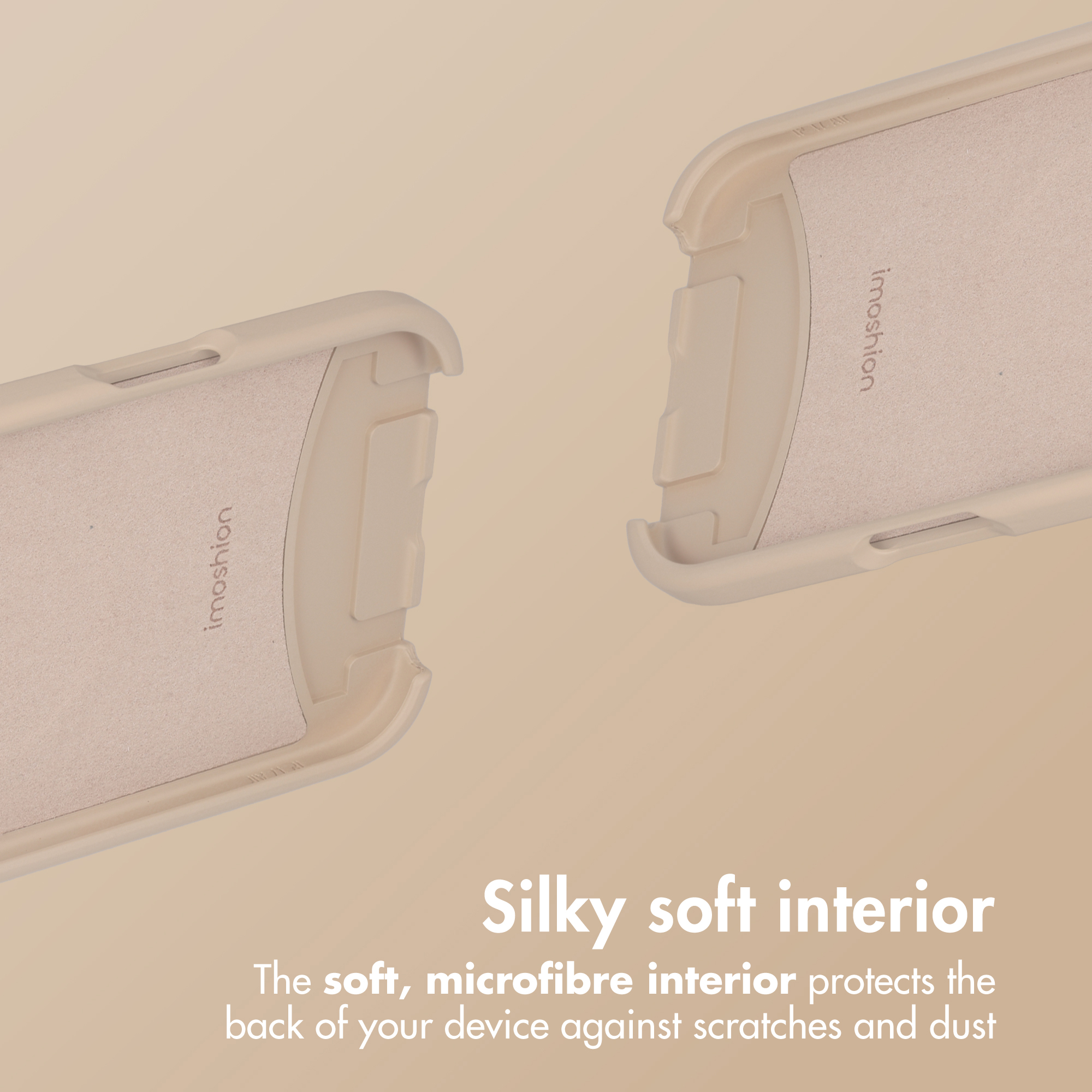 Zwei beige Handyhüllen mit weichem Innenfutter und Markenlogo.