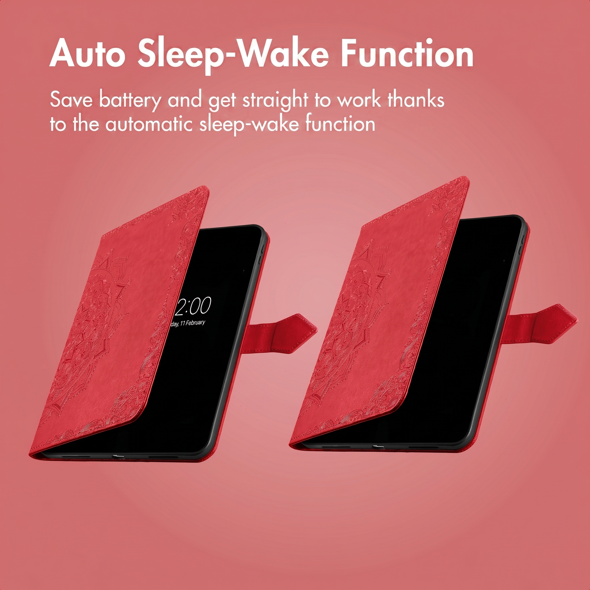 Two red tablet cases demonstrate the auto sleep-wake function against a pink background.