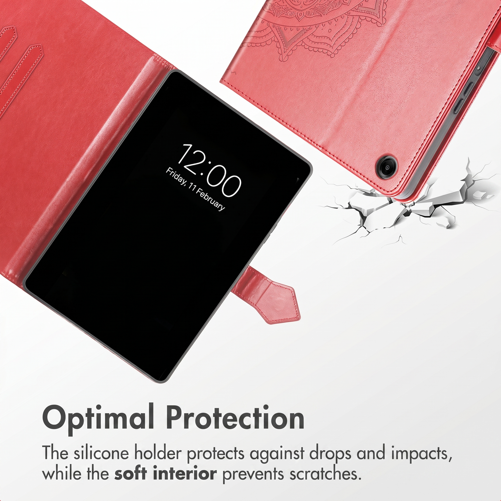 Red tablet case with mandala design, shown open and closed against a white background.