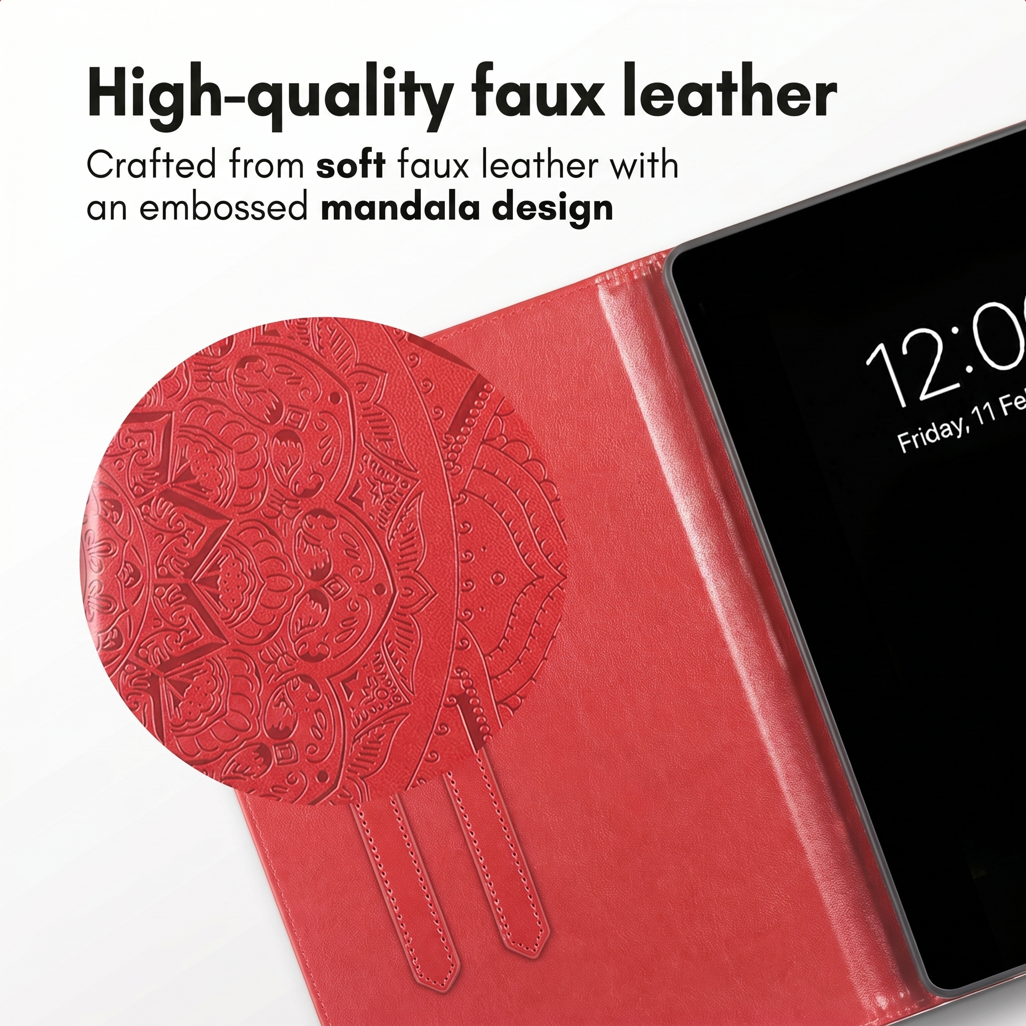 Red faux leather tablet case with embossed mandala pattern and text.