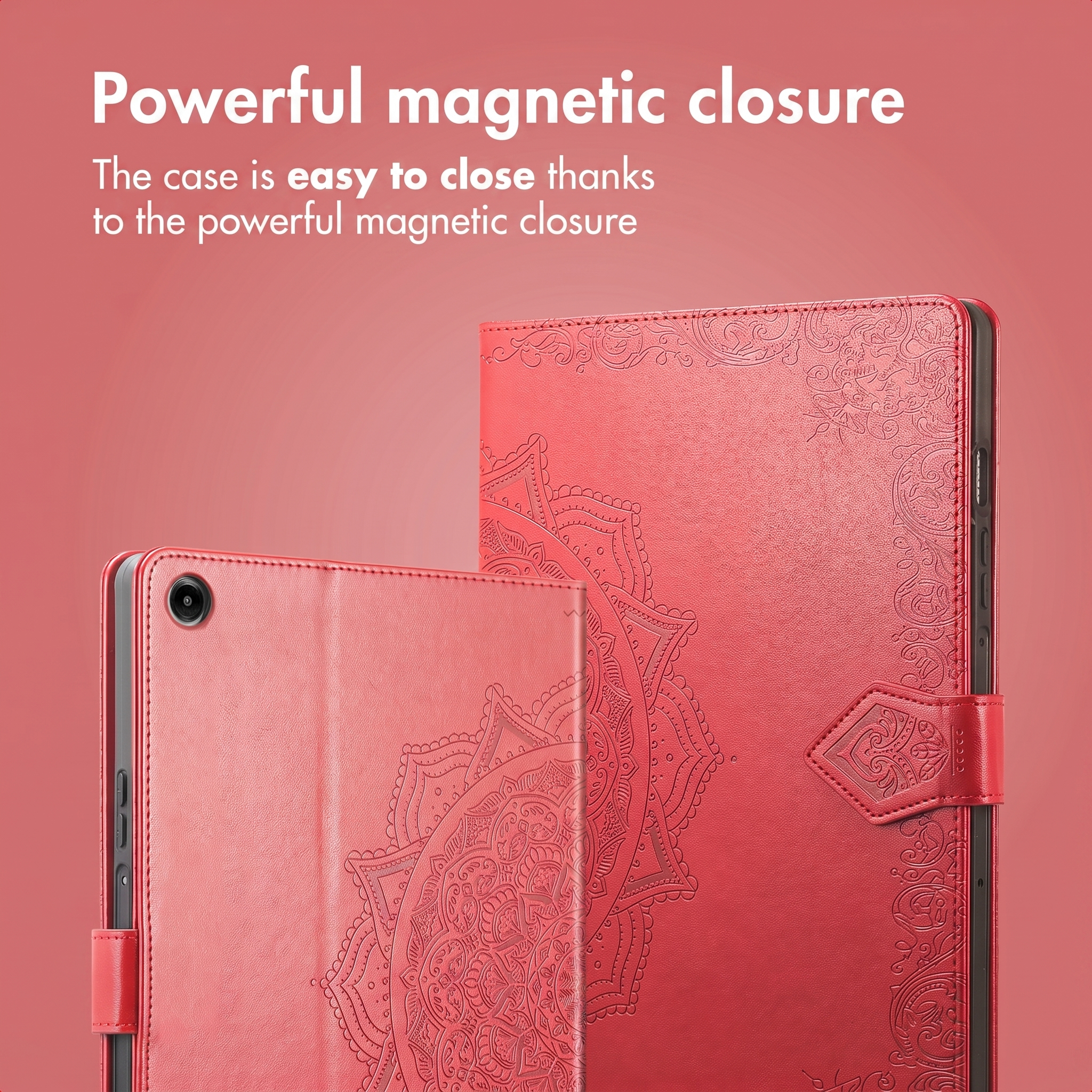 Two red tablet cases with intricate mandala patterns and a magnetic closure.