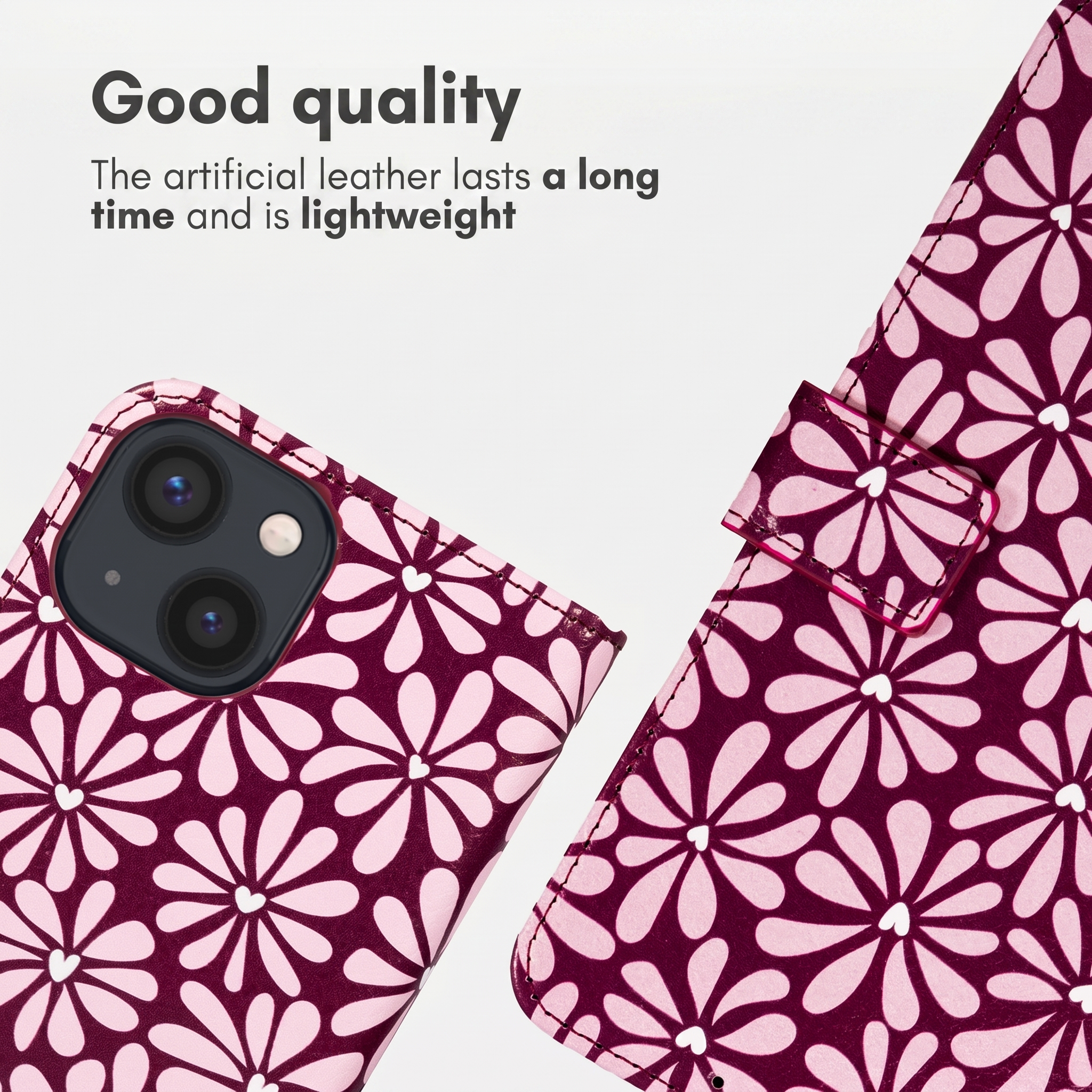 Telefoonhoesje met rood en roze bloemenpatroon, tekst luidt Good quality.