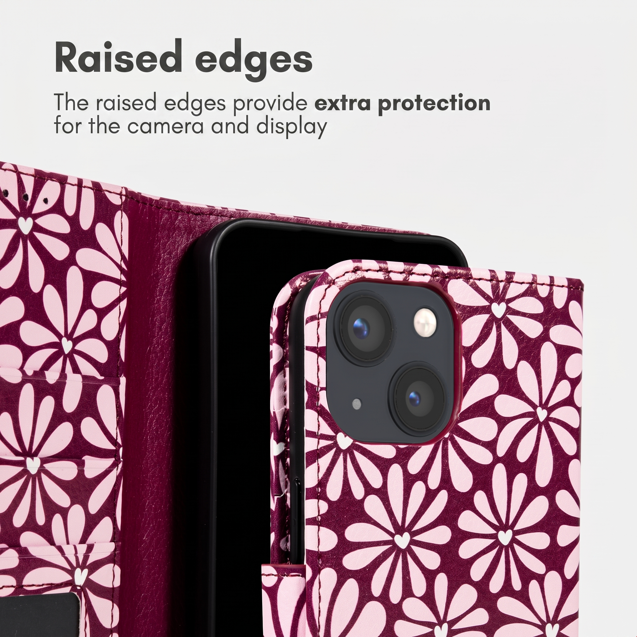 Roze en bordeauxrode bloemen telefoonhoesje met opstaande randen.
