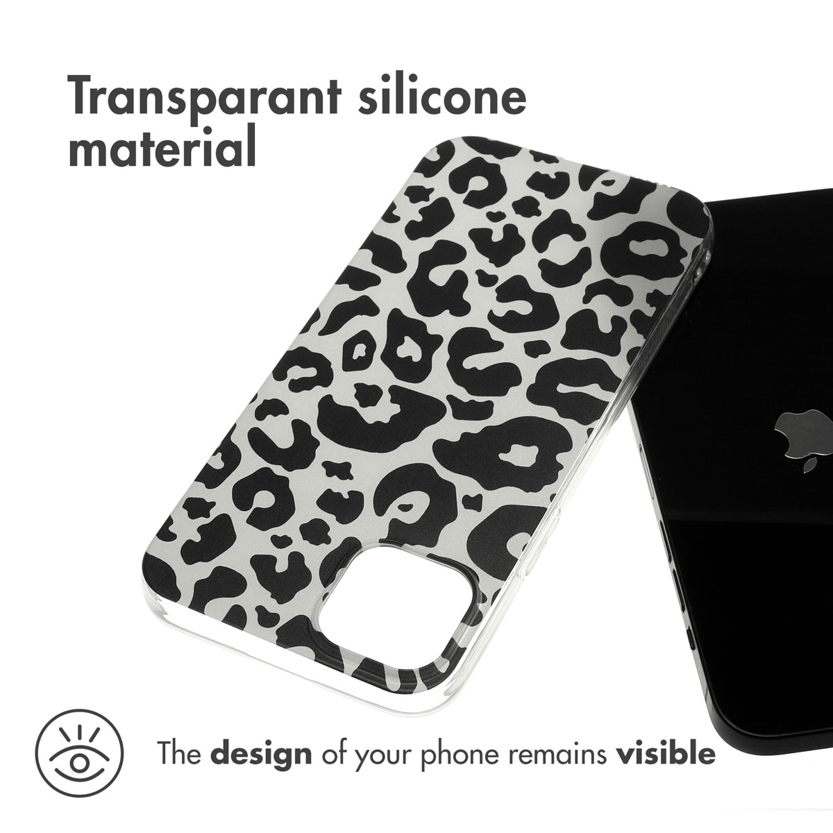 Coque de téléphone en silicone transparent avec imprimé léopard noir à côté d'un téléphone noir.