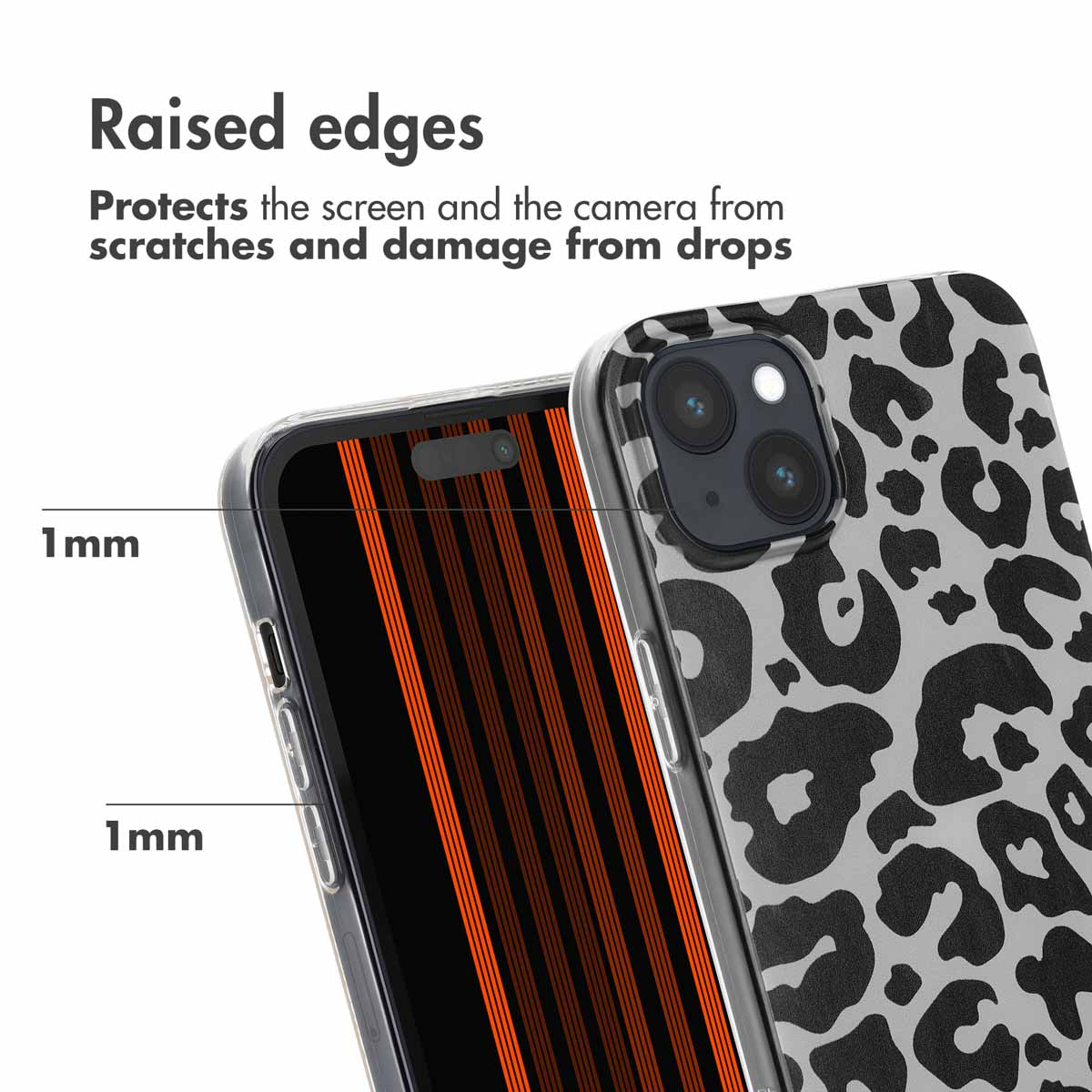 Les bords surélevés de 1 mm protègent l'écran et l'appareil photo d'un smartphone à motif léopard.