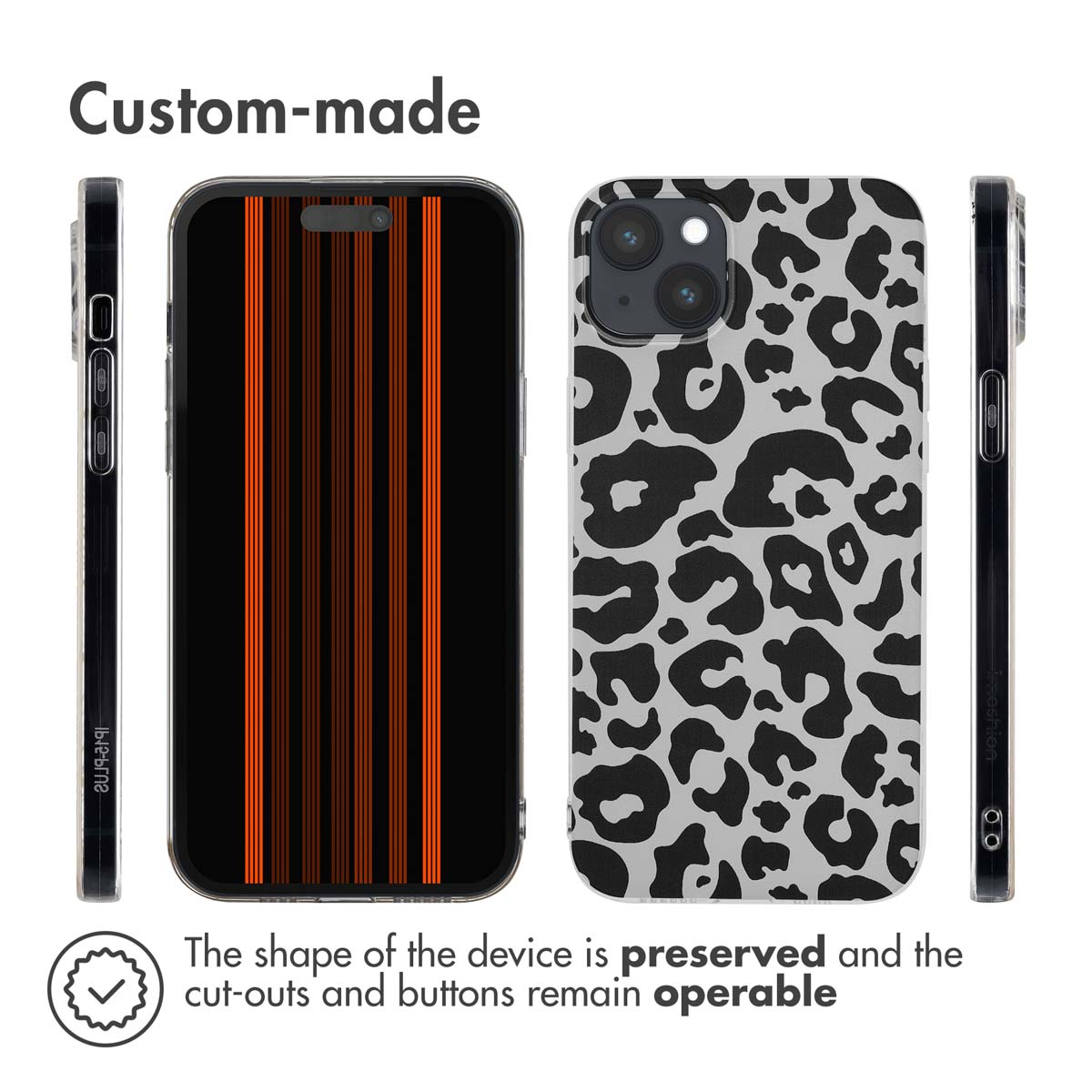 Coque personnalisée avec des rayures verticales à l'avant et un imprimé léopard à l'arrière.