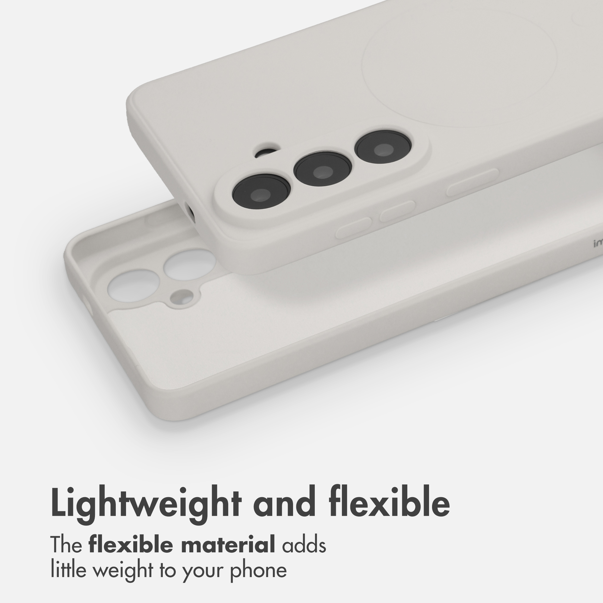 Due cover bianche per smartphone su sfondo bianco con testo.