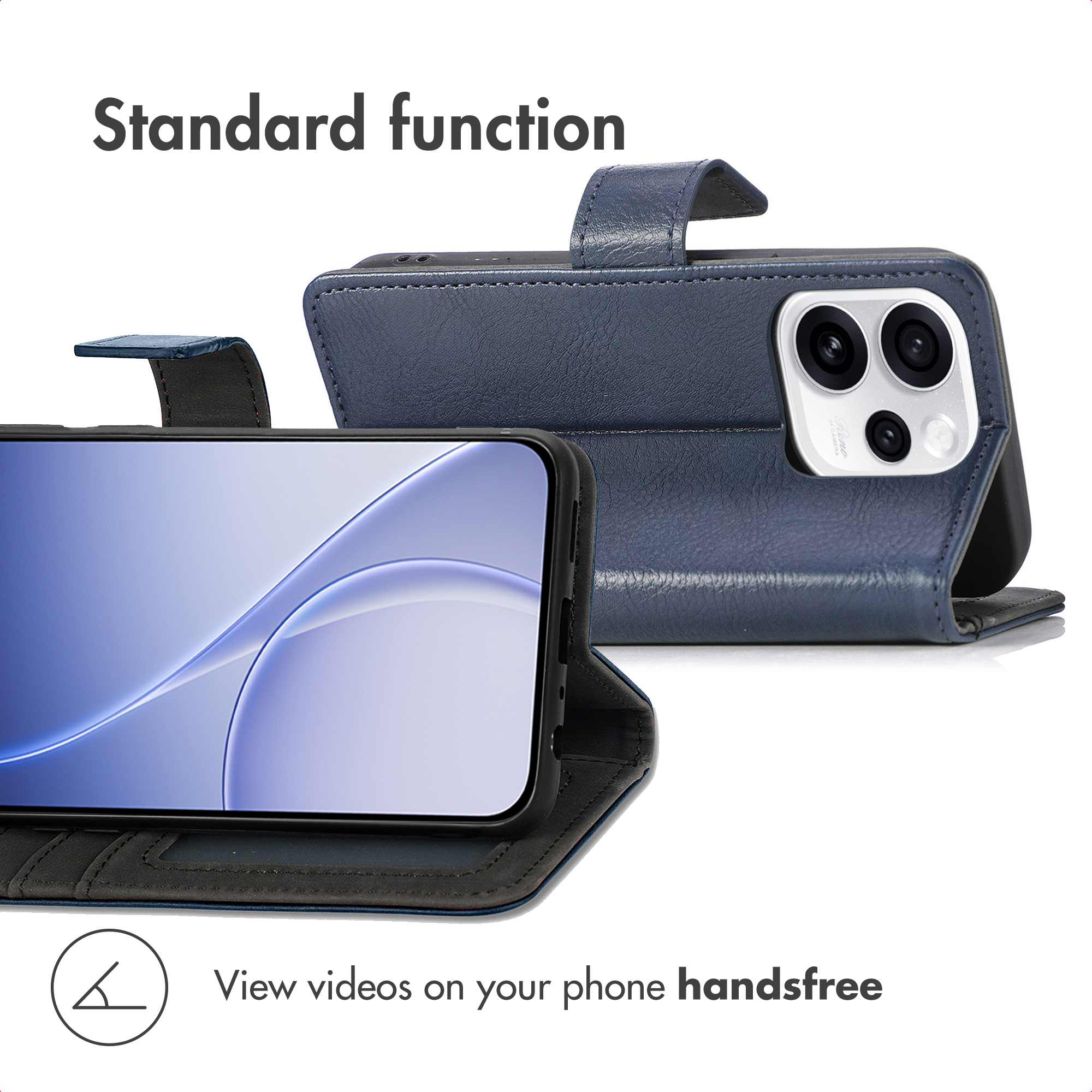 Funda de cuero azul para teléfono apoyada horizontalmente para ver vídeos sin manos.