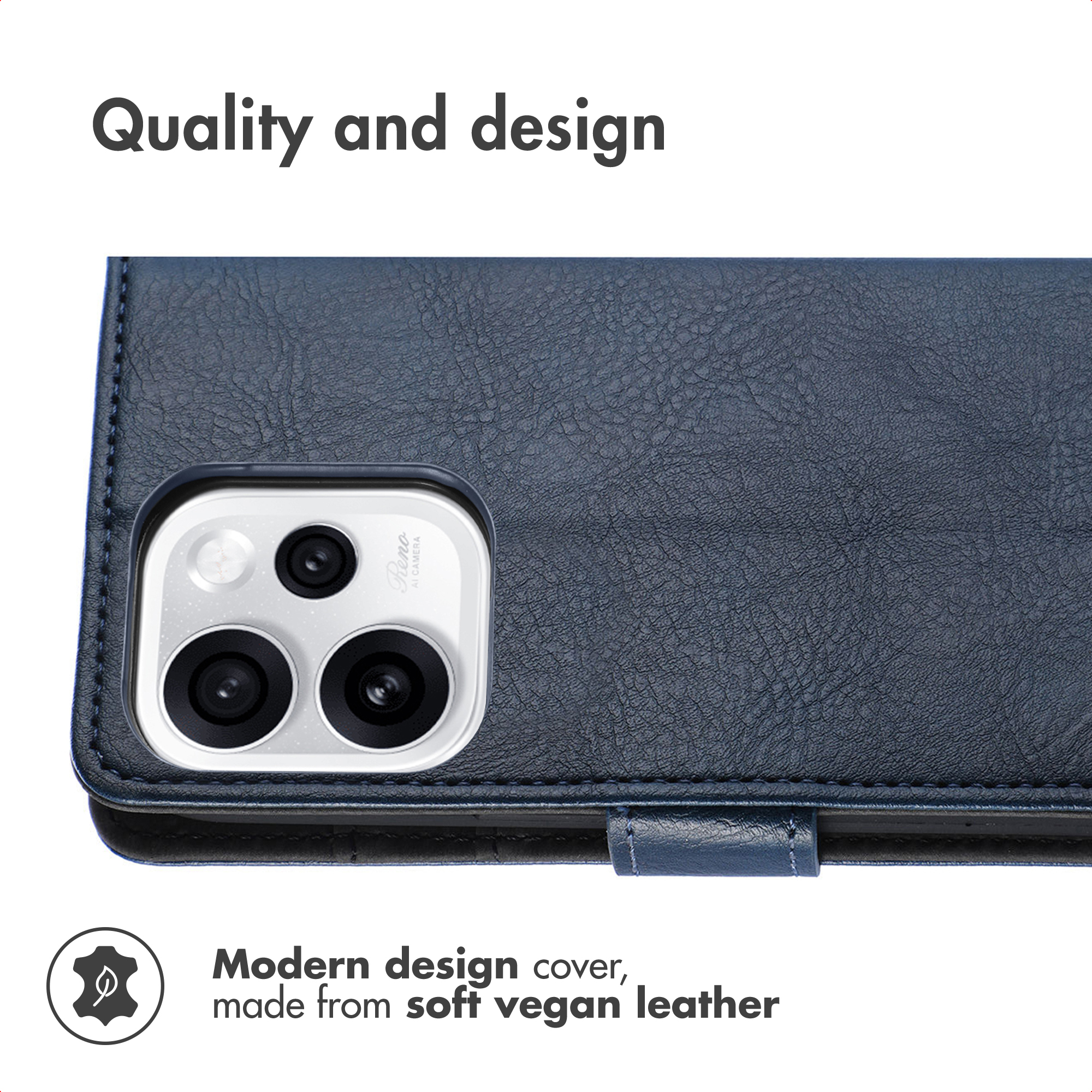 Funda de teléfono de cuero vegano azul con recorte para cámara y texto sobre calidad y diseño.