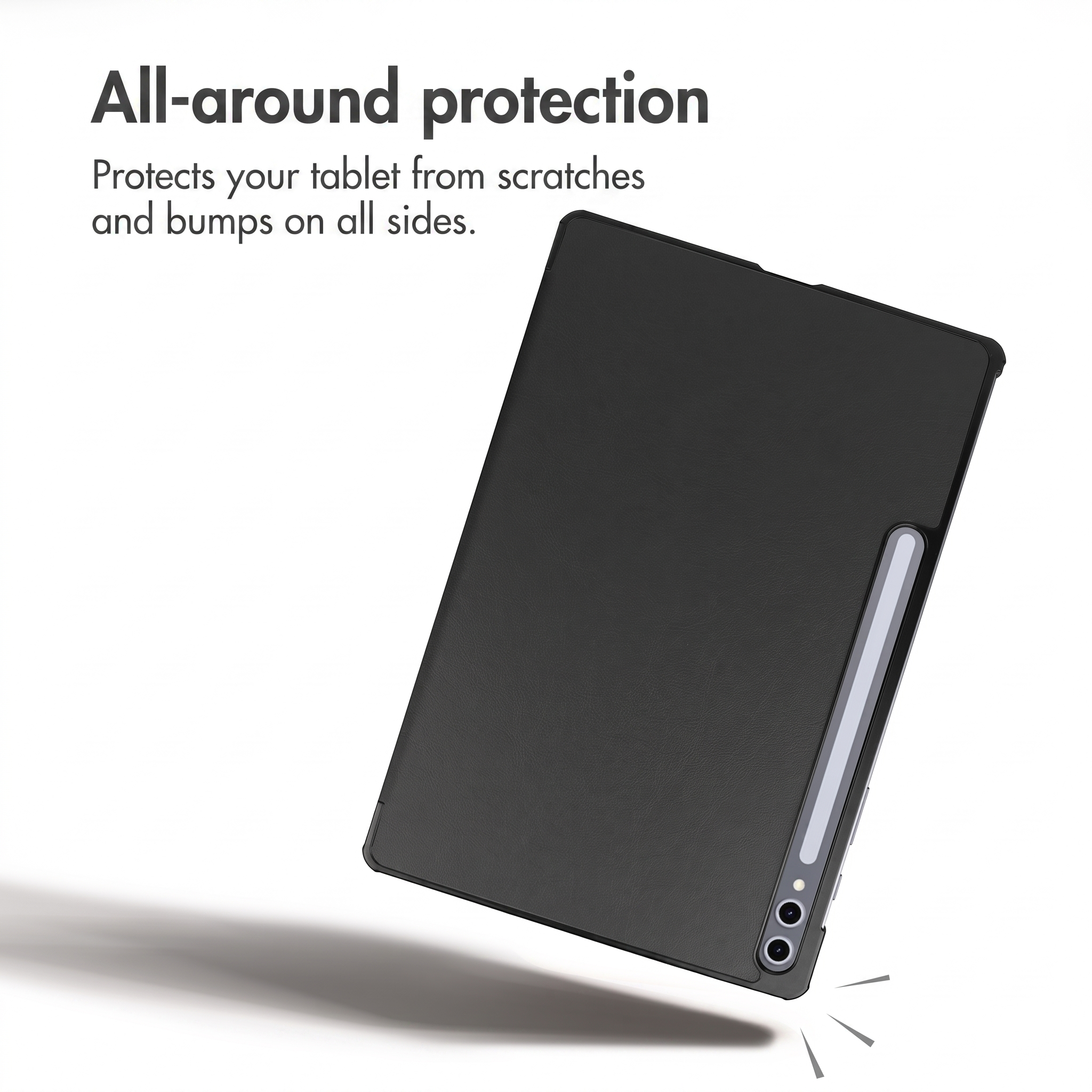 A black tablet in a protective case with a stylus on white.