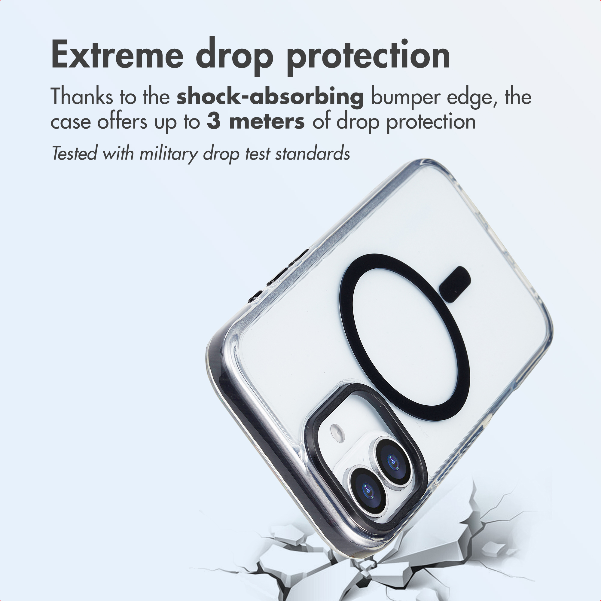 Cover trasparente per smartphone su sfondo rotto con testo protettivo.