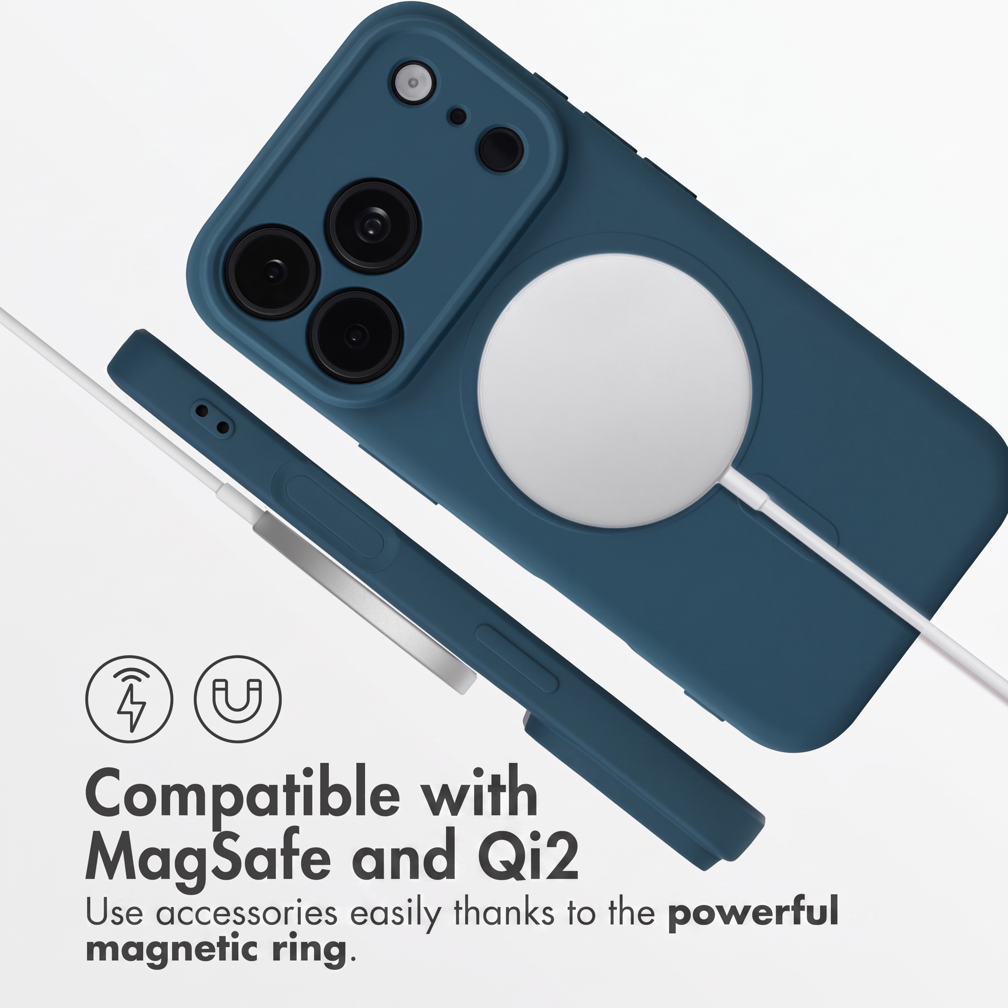 Custodia per telefono blu con anello MagSafe, cavo di ricarica e testo di compatibilità su sfondo bianco.