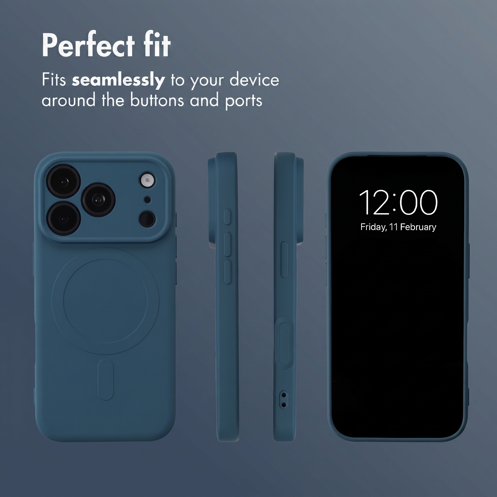 Una custodia per smartphone blu mostrata da più angolazioni con ritagli per fotocamera e tasti laterali su sfondo grigio.