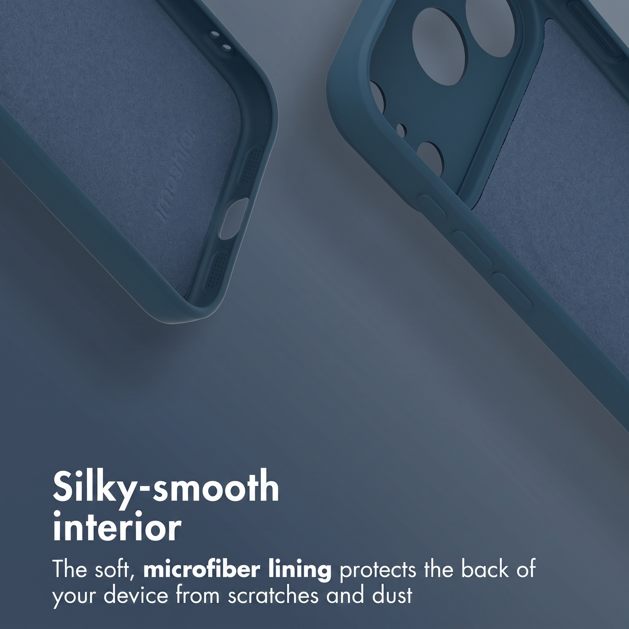 Due cover blu scuro per smartphone su sfondo scuro, con interno in morbida microfibra.