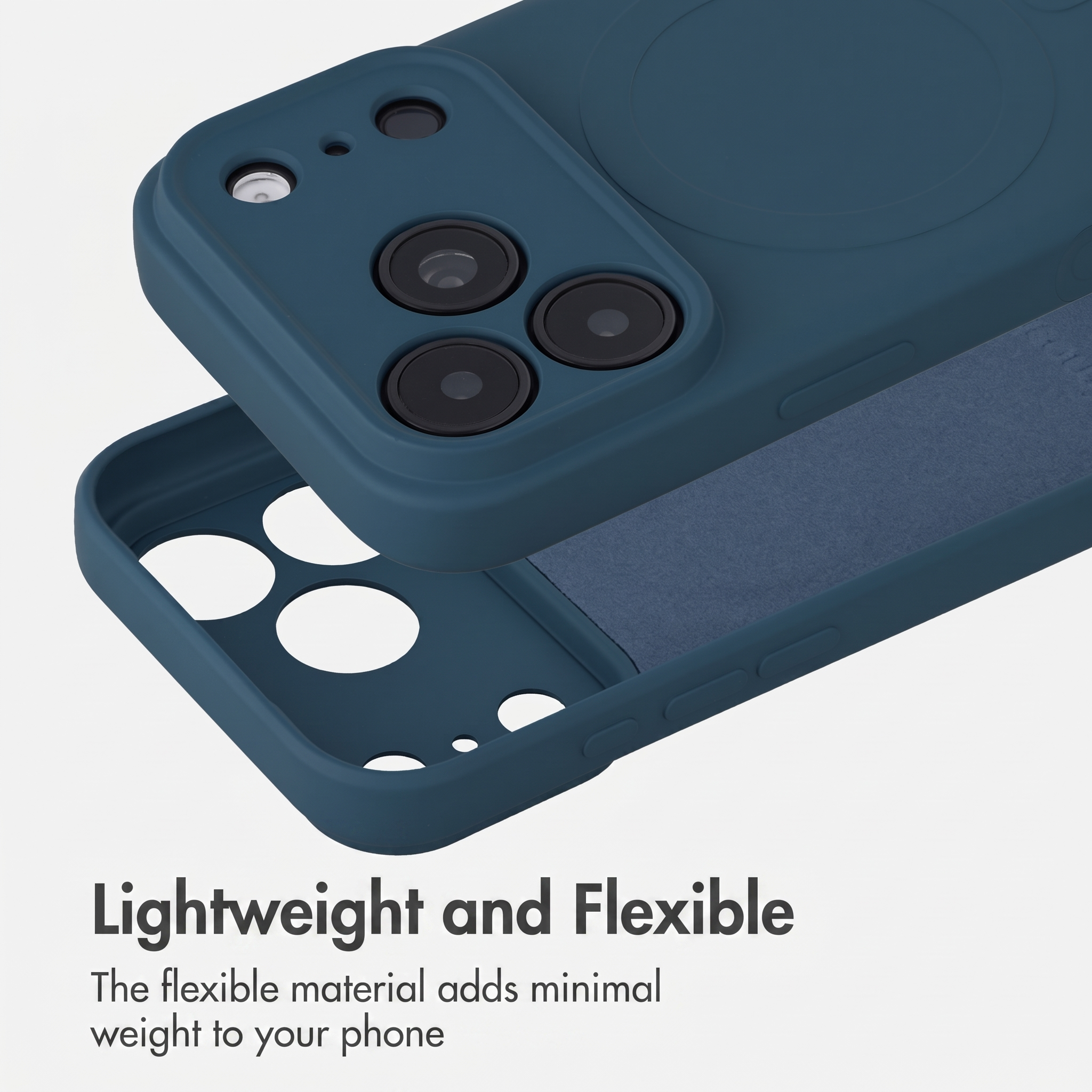 Custodia per smartphone blu scuro, leggera e flessibile, con ritagli per la fotocamera.