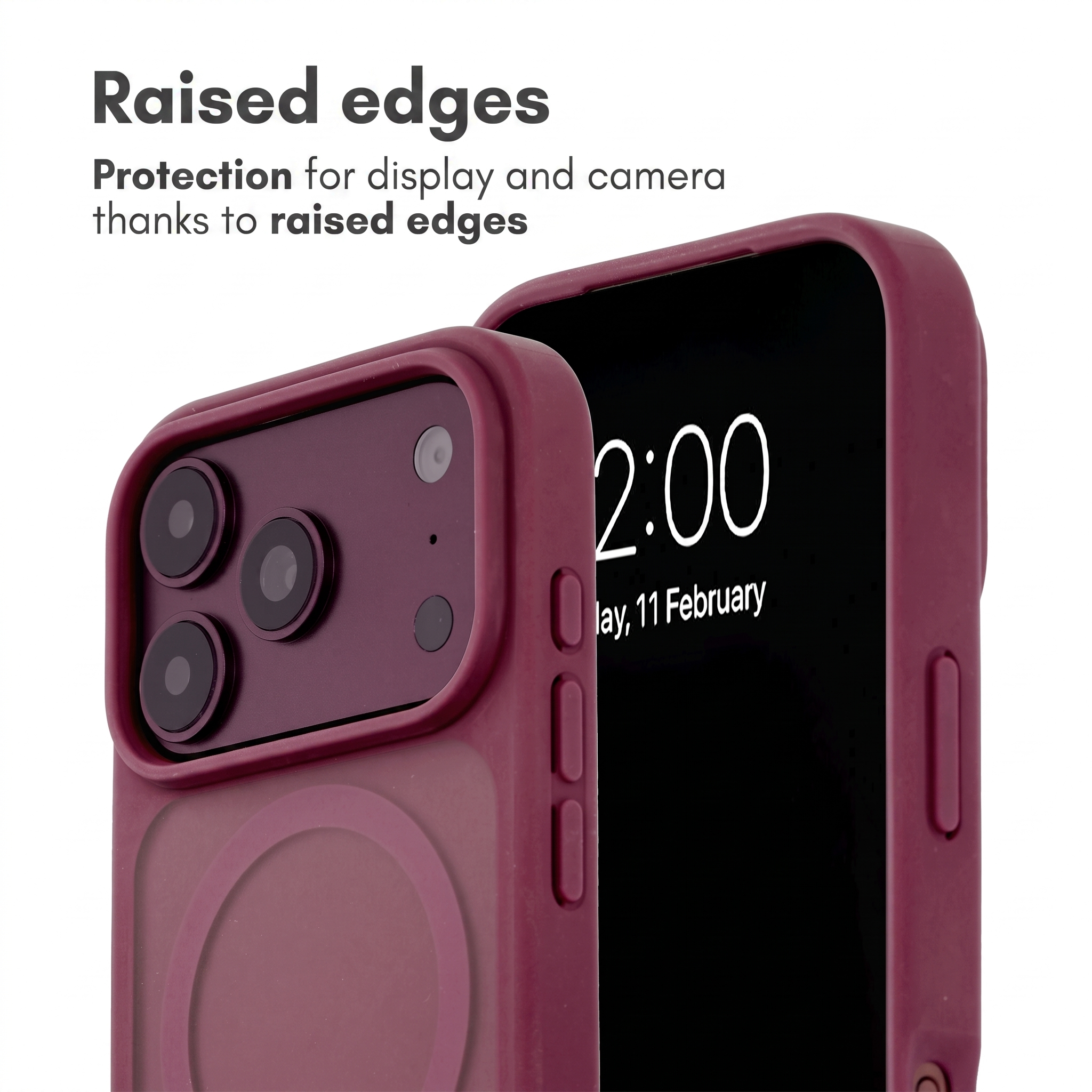 Due smartphone in cover bordeaux mostrano bordi rialzati per proteggere schermo e fotocamera.
