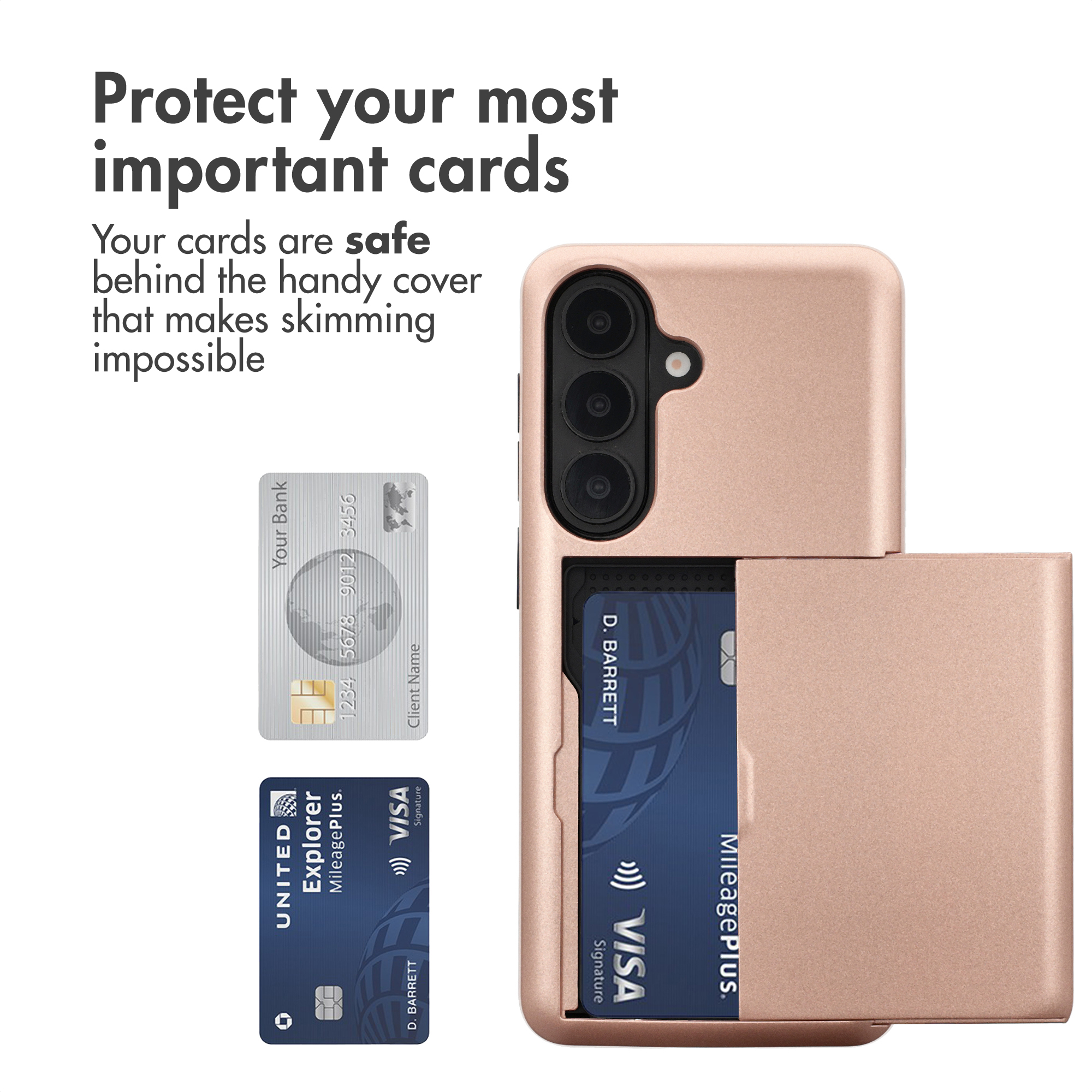Un teléfono inteligente de oro rosa con tarjetero muestra tarjetas de crédito y texto promocional.
