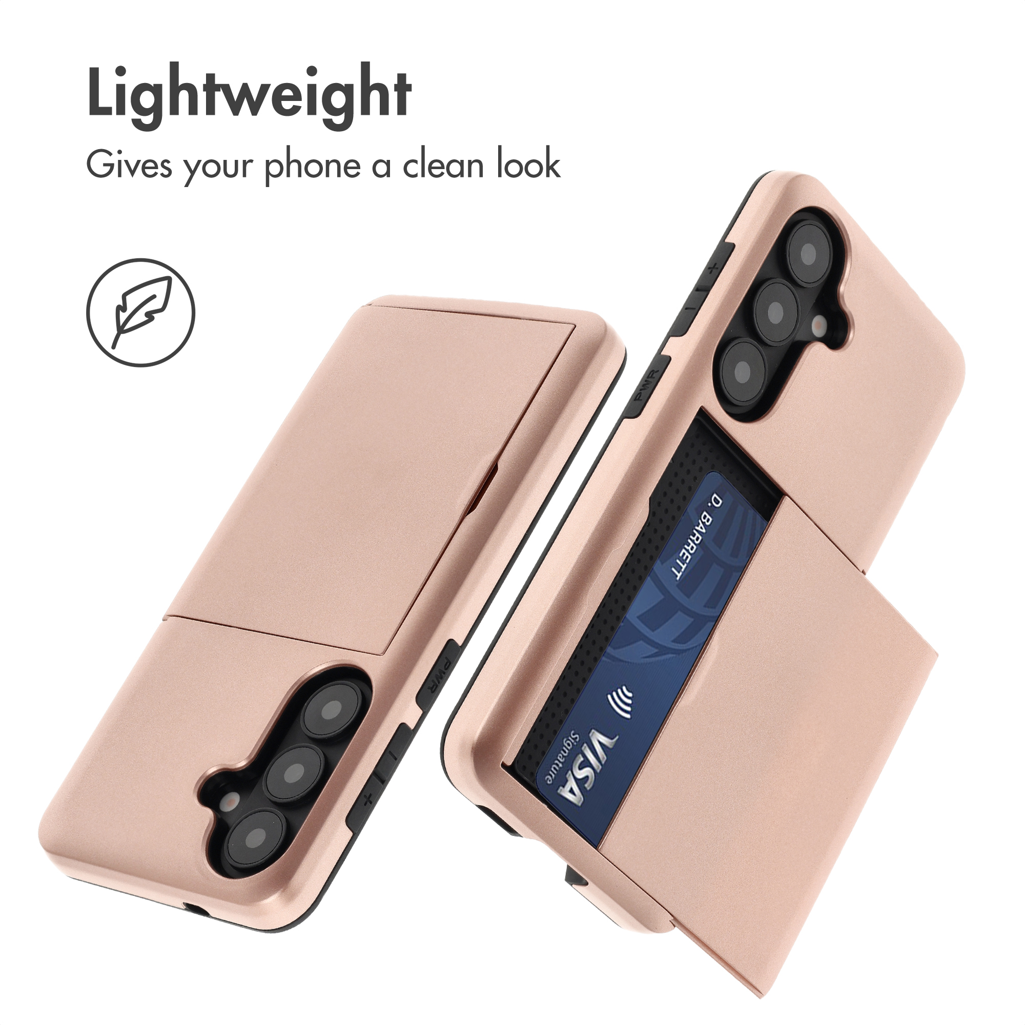 Funda para smartphone de oro rosa con tarjetero integrado, soporte y tarjeta de crédito.