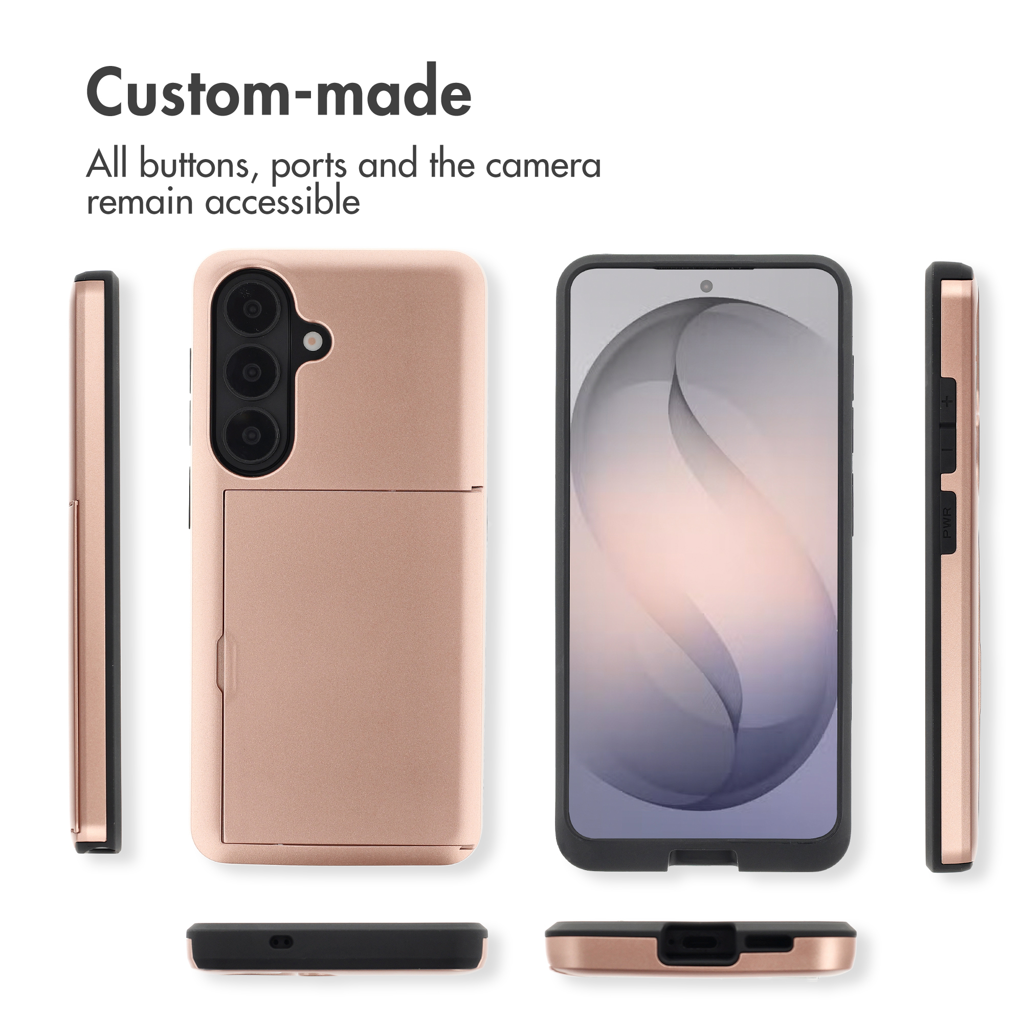 Funda de teléfono en oro rosa con tarjetero mostrada desde varios ángulos para resaltar puertos y botones.