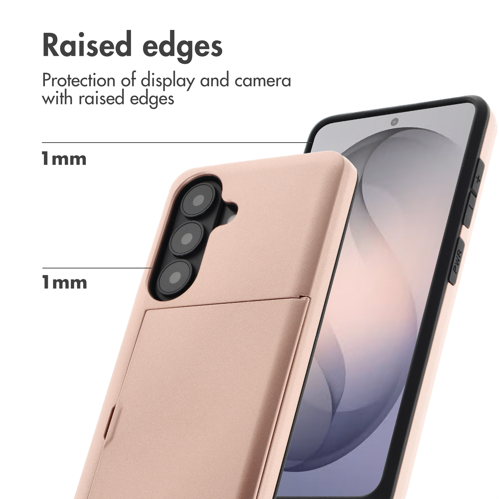 Un smartphone en funda rosa con bordes elevados para proteger la pantalla y la cámara, destacando 1 mm.