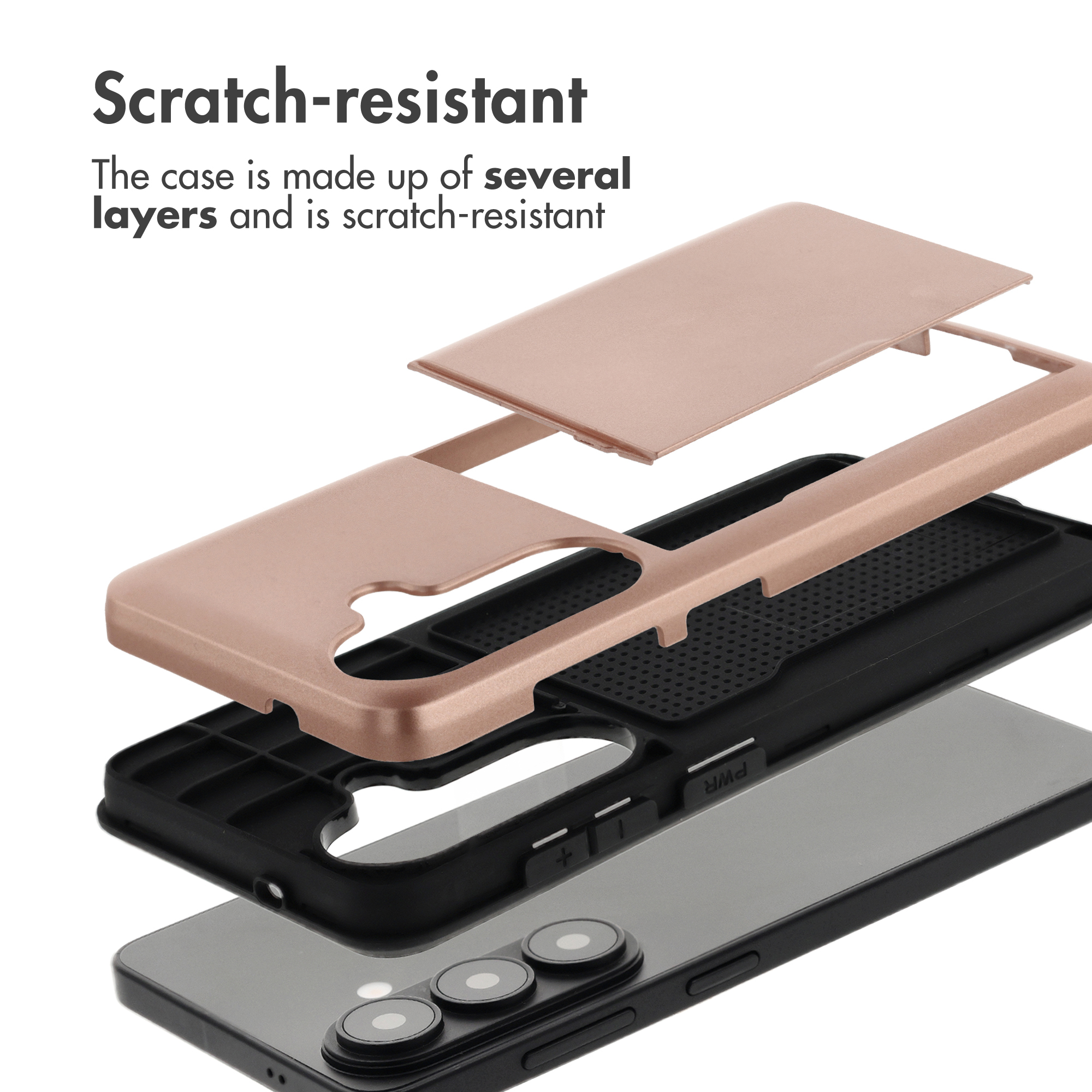 Vista explosionada de una funda protectora multicapa, resistente a los arañazos en oro rosa y negro sobre un smartphone.