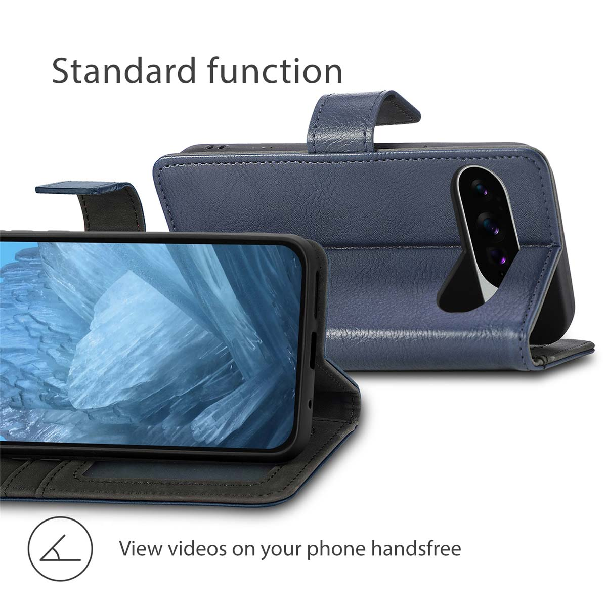 Custodia a libro in pelle blu scuro con smartphone, progettata per fungere da supporto.