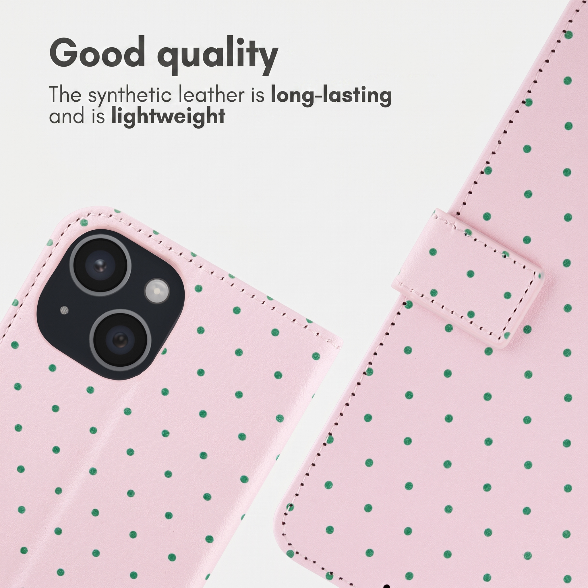 Roze telefoonhoesje met groene stippen, uitsparing voor camera en tekst over kunstleer.