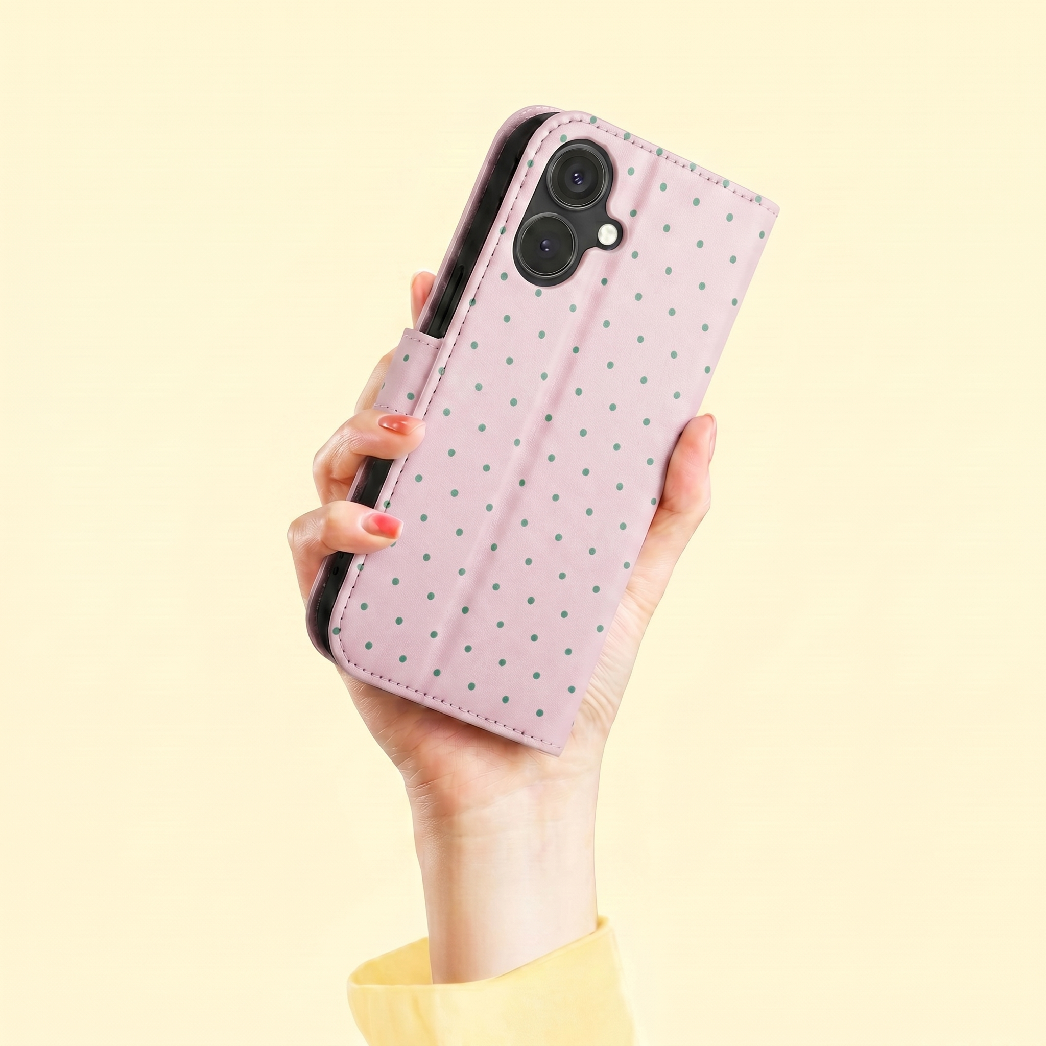 Eine Hand hält ein rosafarbenes Smartphone mit kleinen grünen Punkten und einer Klapphülle vor hellem Hintergrund.