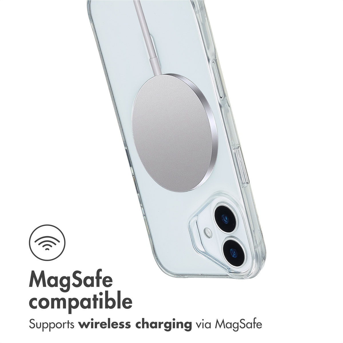 Eine transparente Handyhülle mit einem runden MagSafe-Ladegerät auf der Rückseite und dem Text MagSafe-kompatibel.