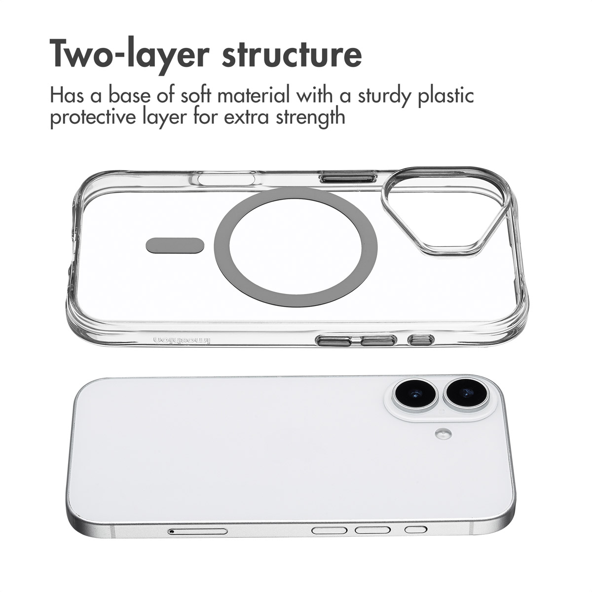 Transparente Handyhülle mit zweilagiger Struktur und weißes Smartphone.