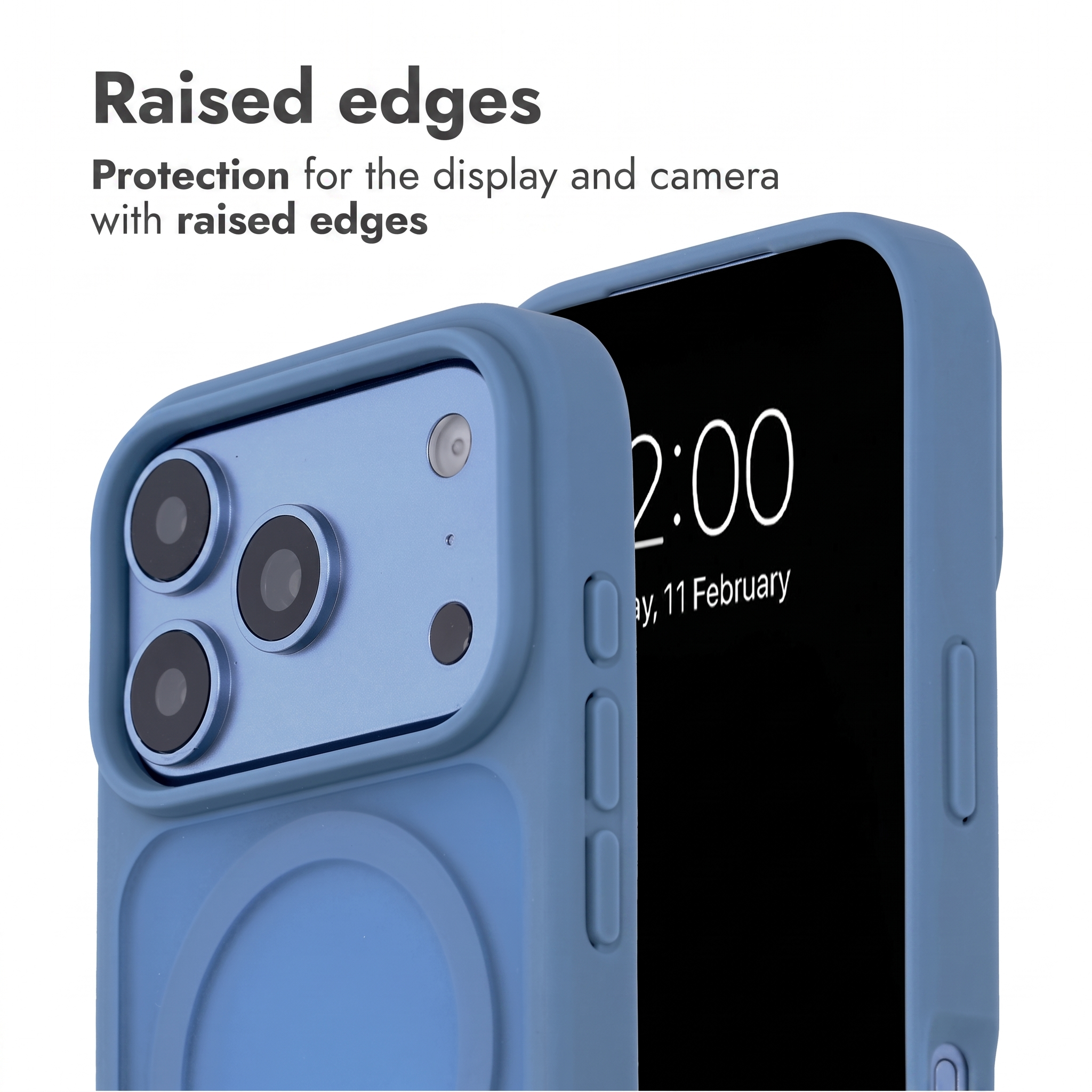 Custodia per telefono blu con bordi rialzati per proteggere display e fotocamera.