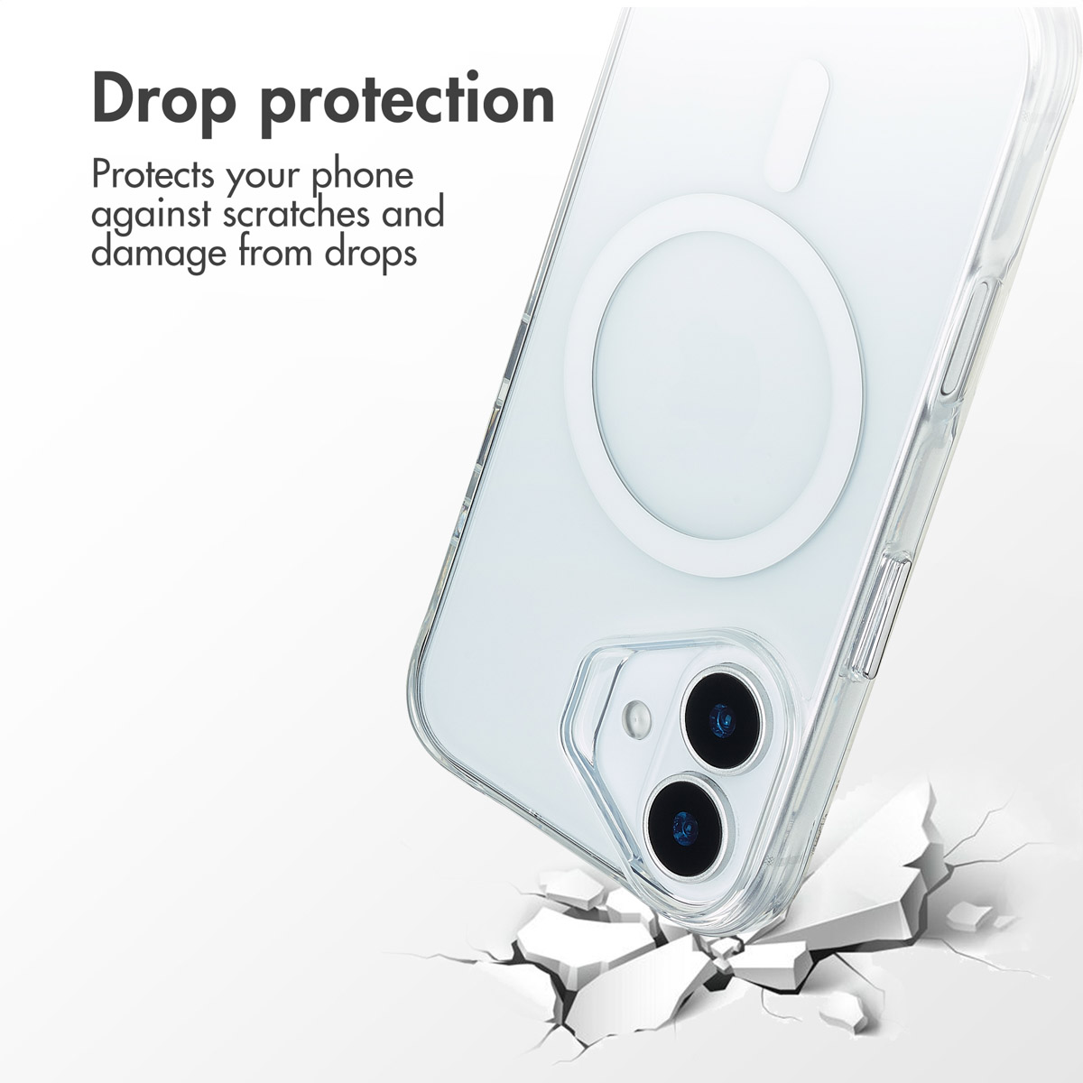 Transparente Handyhülle mit Dual-Kamera trifft auf rissige weiße Oberfläche mit Fallschutz-Text.