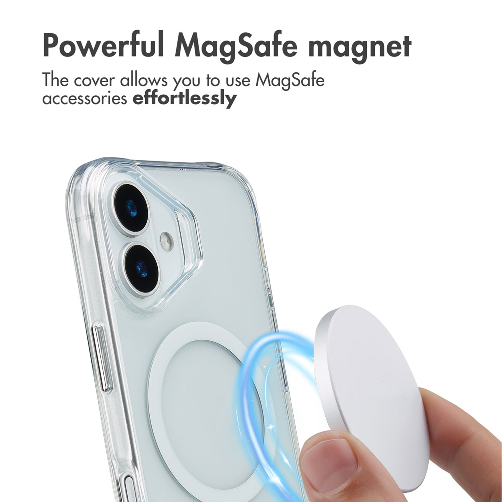 Handy in klarem Cover mit Magnetring, gehalten von einer Hand.