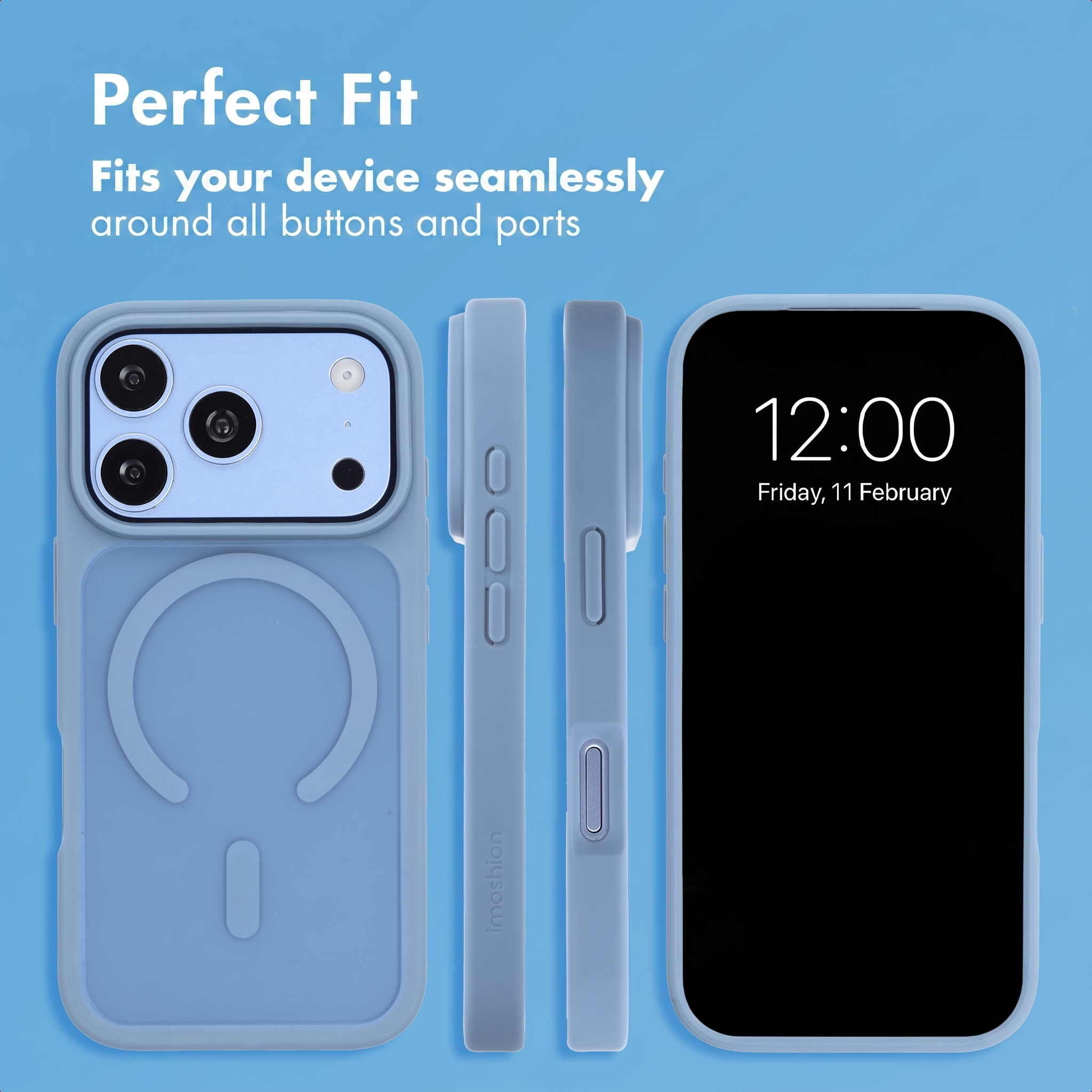 Custodia per telefono blu mostrata da più angolazioni.