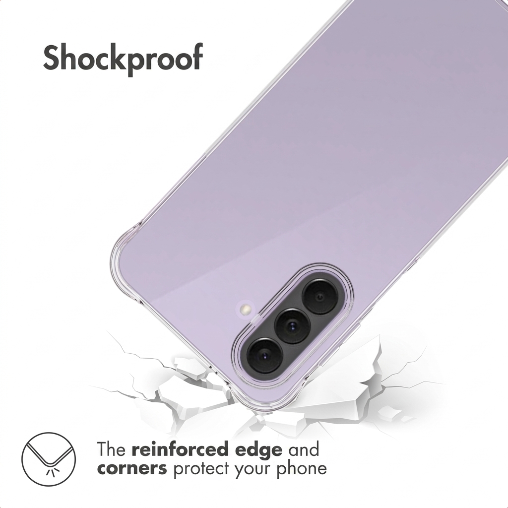 Un smartphone violet dans une coque antichoque au-dessus d'un sol fissuré, avec texte et graphiques.