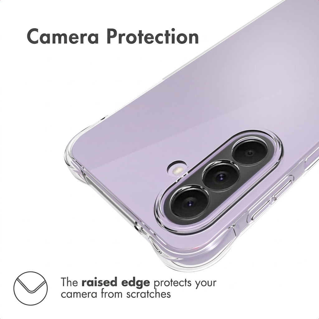 Smartphone violet dans coque transparente montre triple caméra avec bord surélevé.