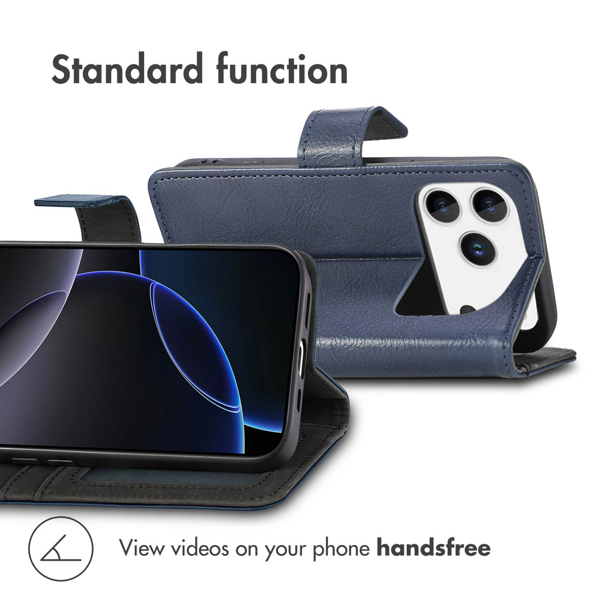 Un étui de téléphone en cuir bleu avec fonction support pour regarder des vidéos.