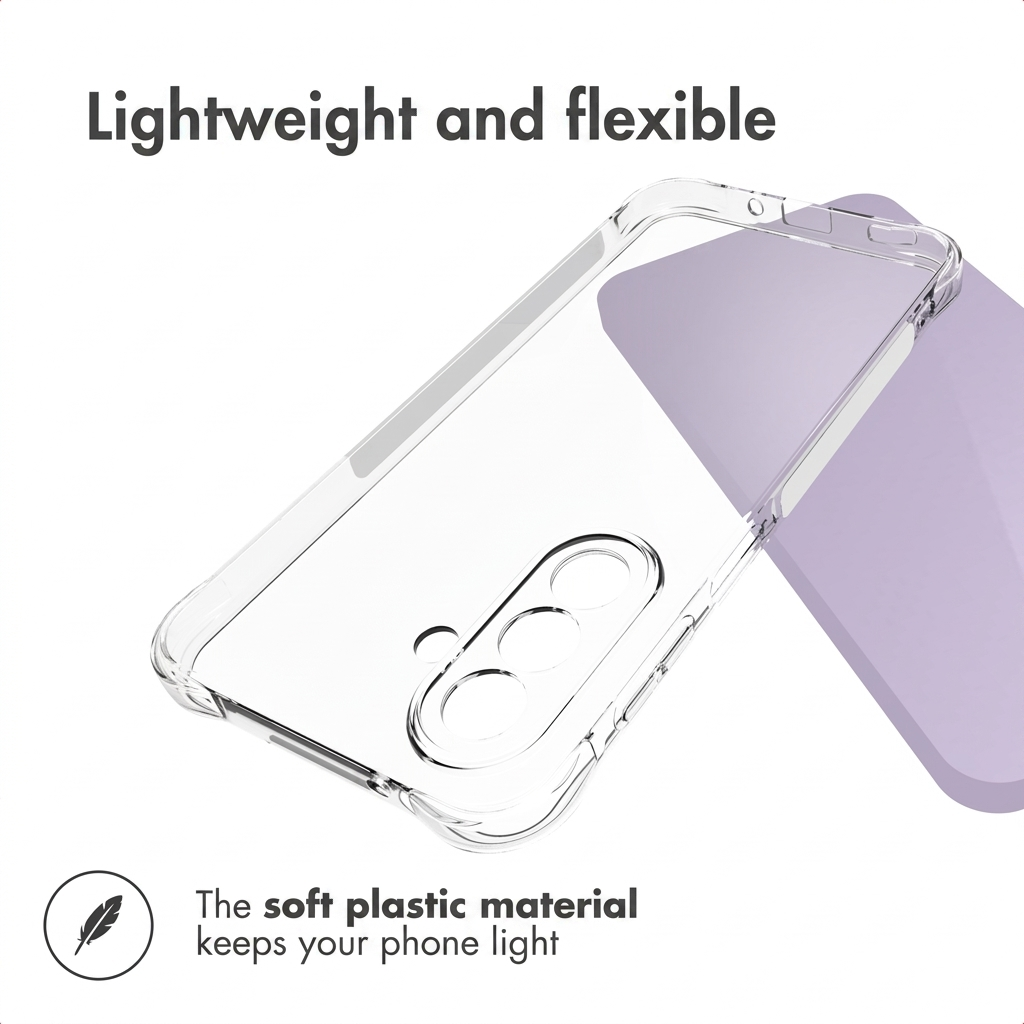 Coque de téléphone transparente sur fond violet avec du texte.