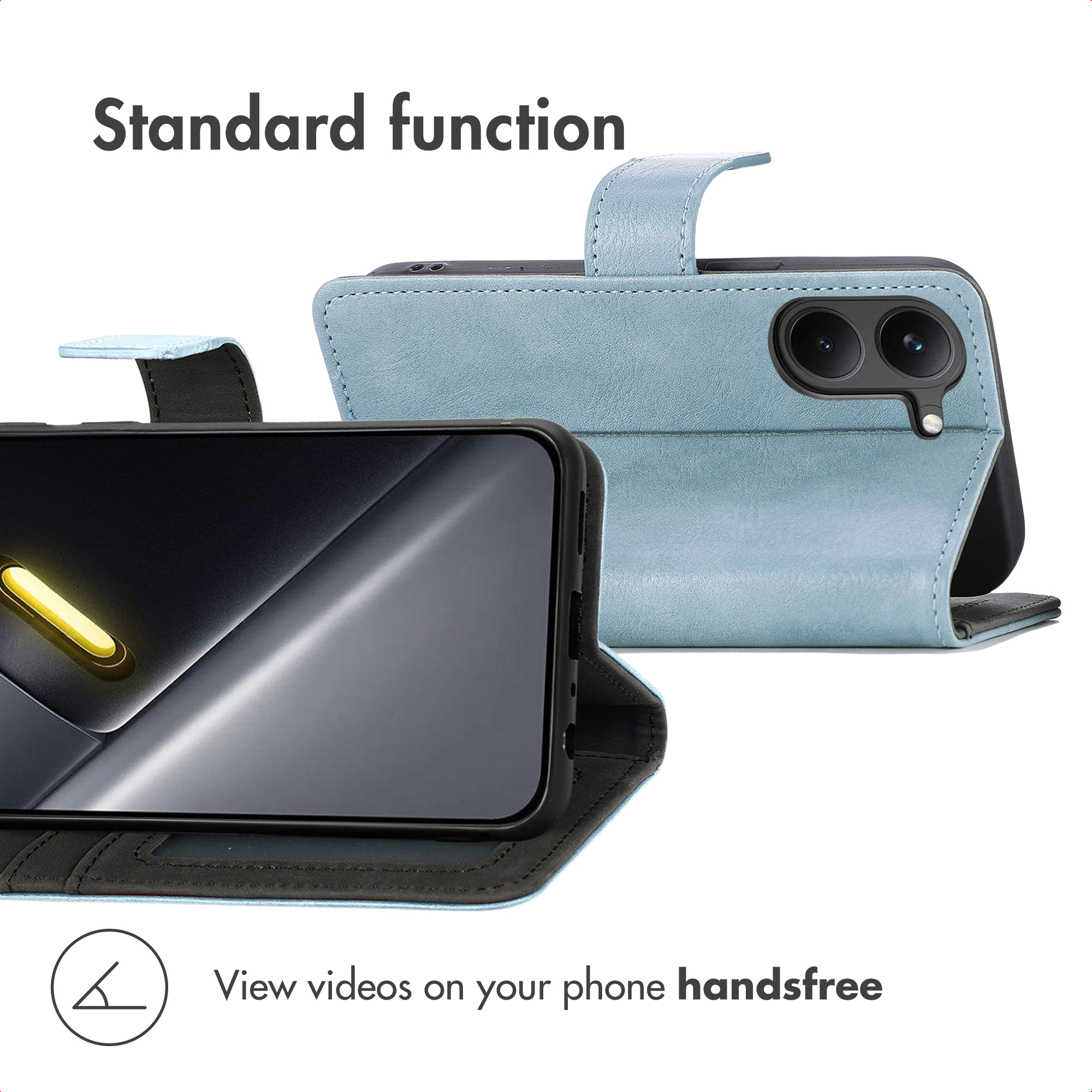 Custodia a libro in pelle azzurra per smartphone con supporto integrato per mani libere.