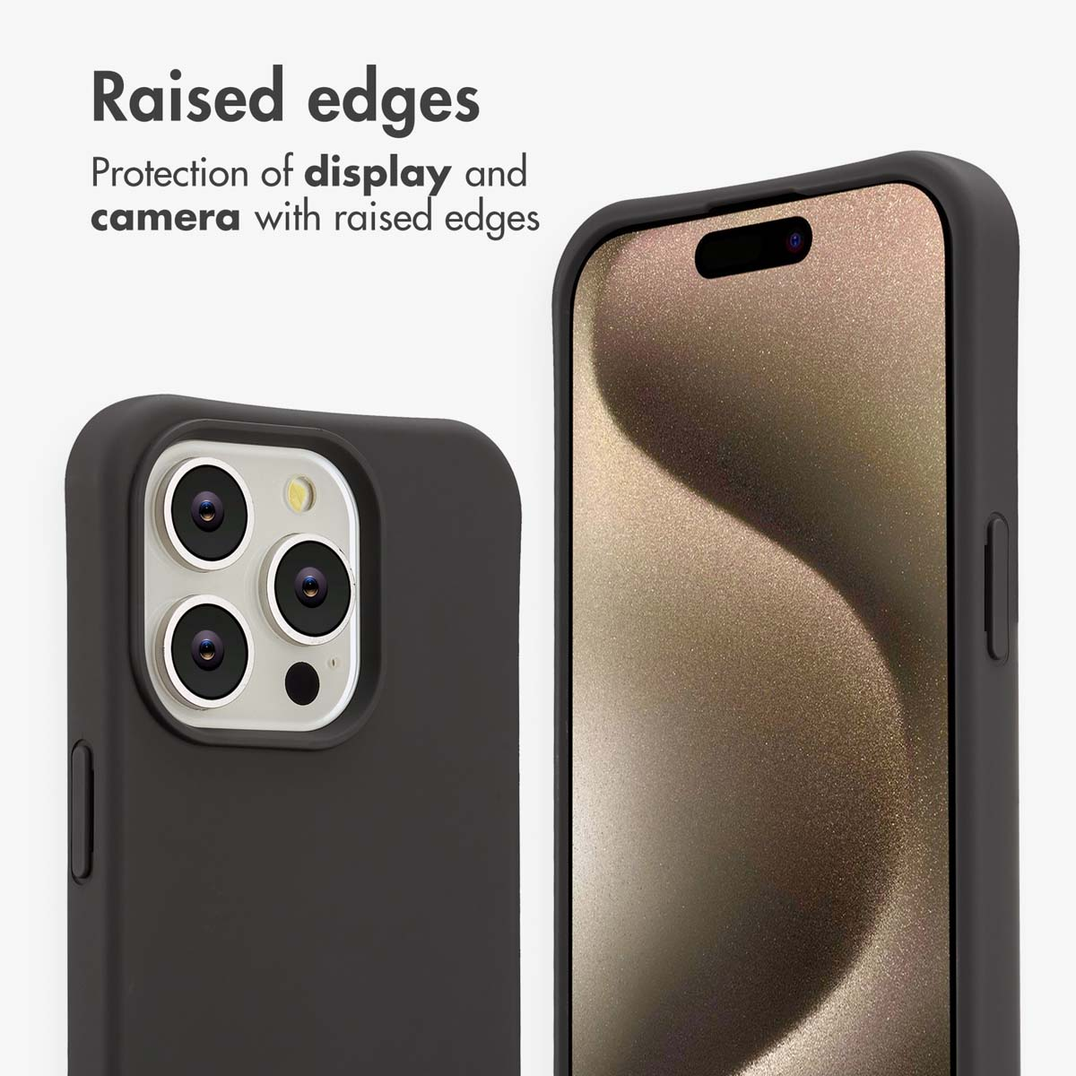 Erhöhte Ränder einer schwarzen Schutzhülle für ein Smartphone, die Display und Kamera schützen.