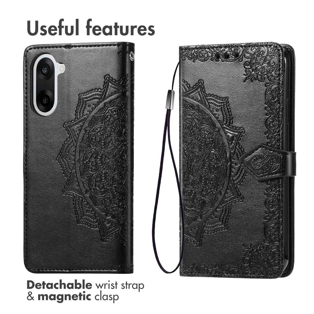 Custodia per cellulare nera con motivo mandala, laccetto da polso e chiusura magnetica.